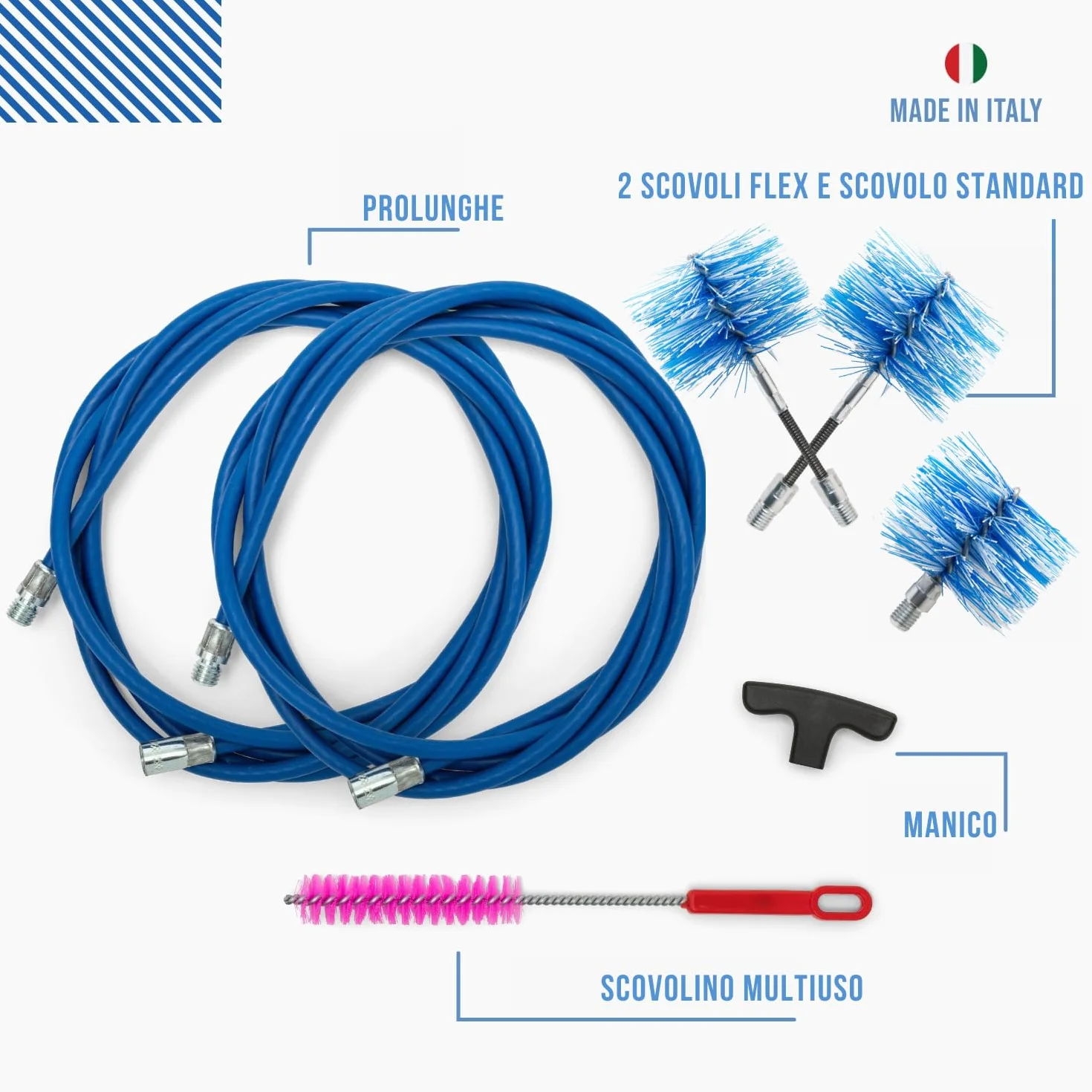 BARETTO FLEX | Kit Pulizia Stufa a Pellet | Canna Fumaria Ø 80 + 100 + 120 mm | Lunghezza 6 m | 2 Spazzole Snodate + 1 Standard | Attacco M12
