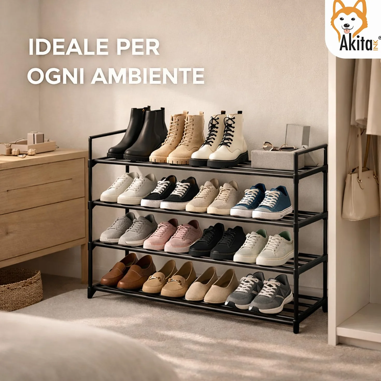 AKITAInk Portascarpe 4 Ripiani in Metallo, Scarpiera Salvaspazio per 20 Paia, Struttura Robusta, Nero 65,5x29,5x72 cm
