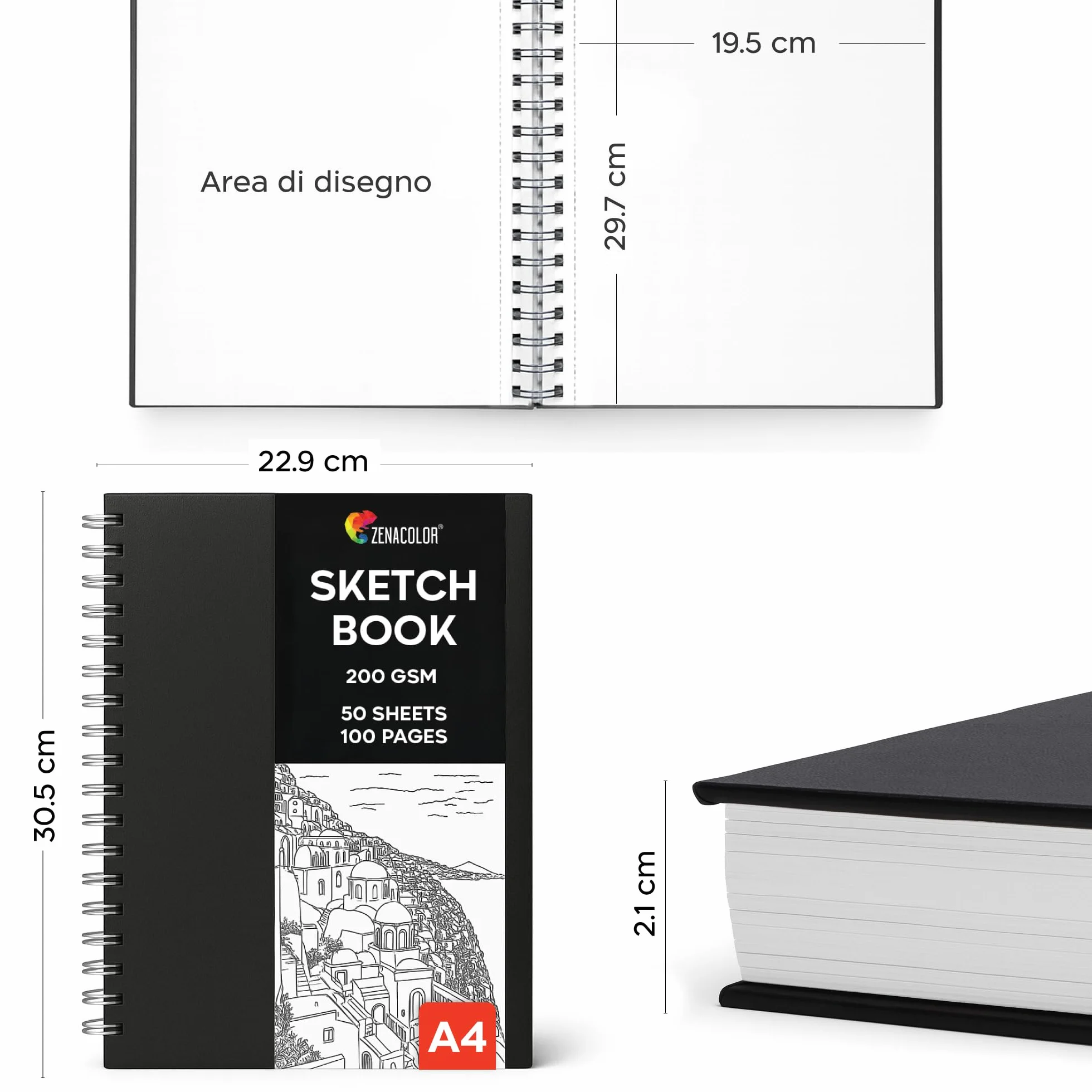 Zenacolor Sketchbook A4 Copertina Rigida 200 g/m² 50 fogli Album da Disegno a Spirale