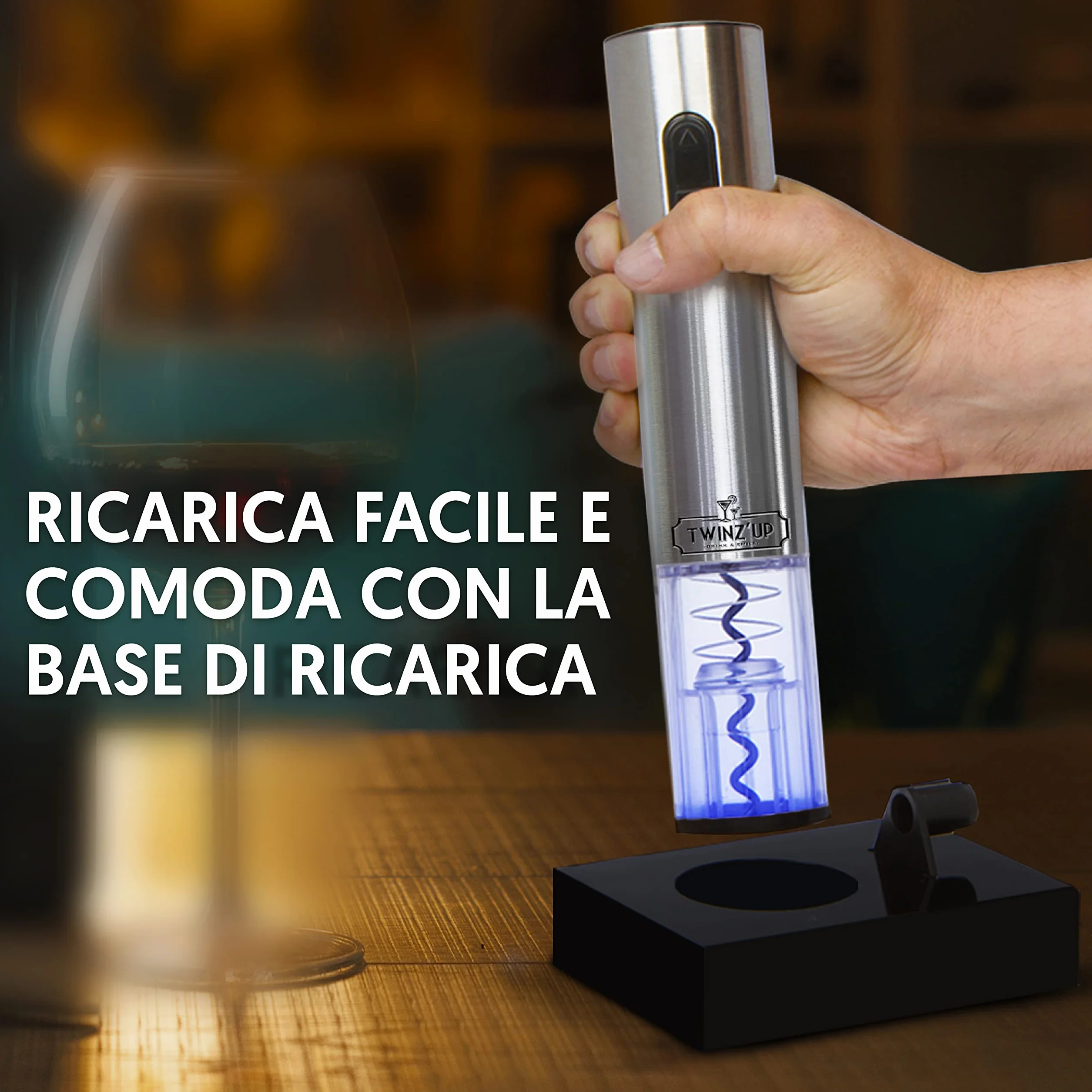 Twinz'Up Cavatappi Elettrico per Vino, Idee Regalo Uomo Compleanno - Apribottiglie Elettrico Ricaricabile (Base di Ricarica) con Taglia-Capsule