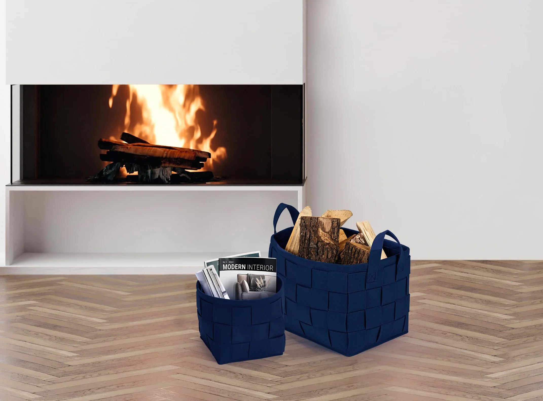 Cesta in feltro 24x24x24 cm pieghevole per legna da camino e riviste Blu scuro