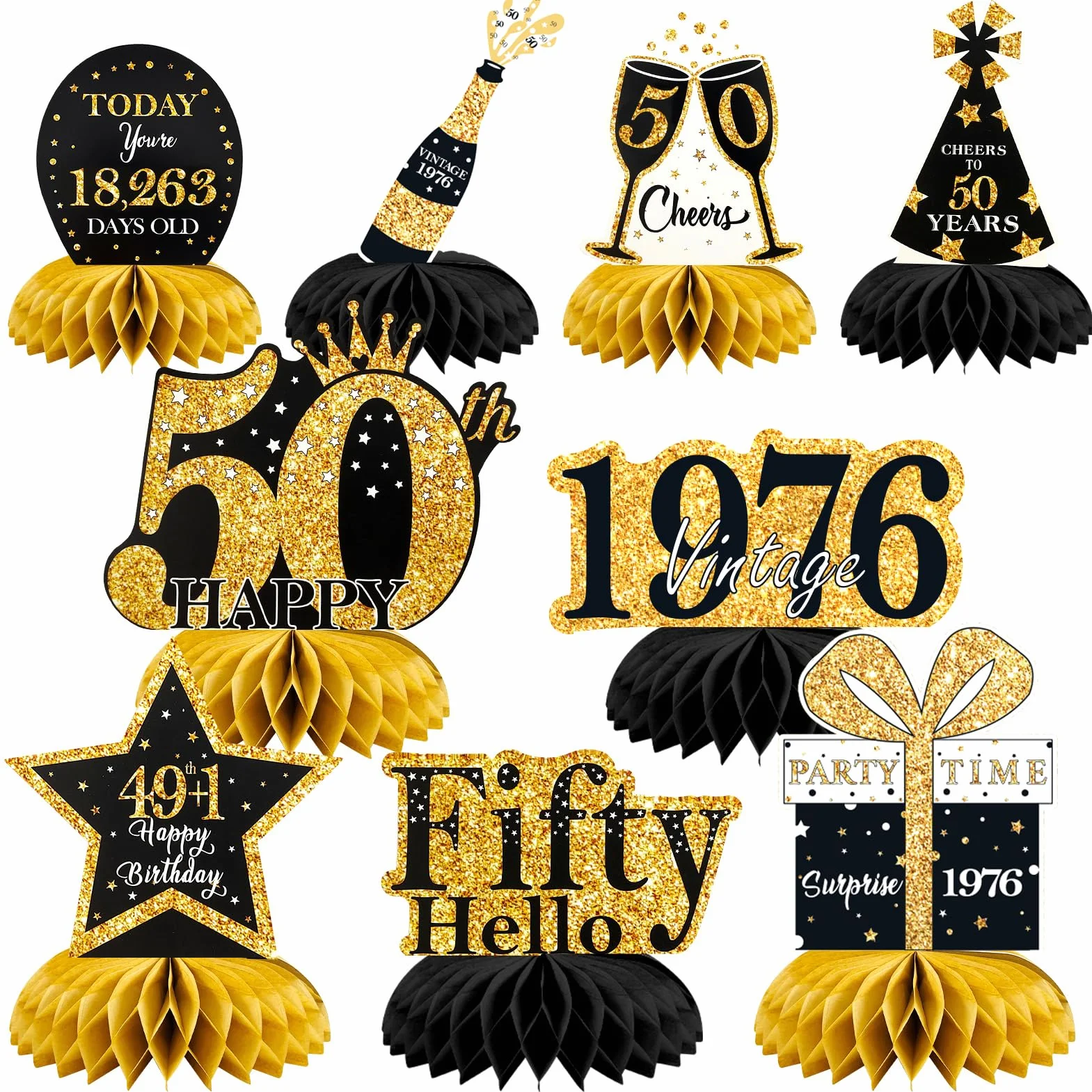 9 Pezzi Centrotavola Compleanno,Centrotavola a Nido d'Ape Oro Nero Decorazioni,Toppers da Tavolo,Compleanno Centrotavolo per Uomini e Donne,Feste di Compleanni (HB-2026-50)