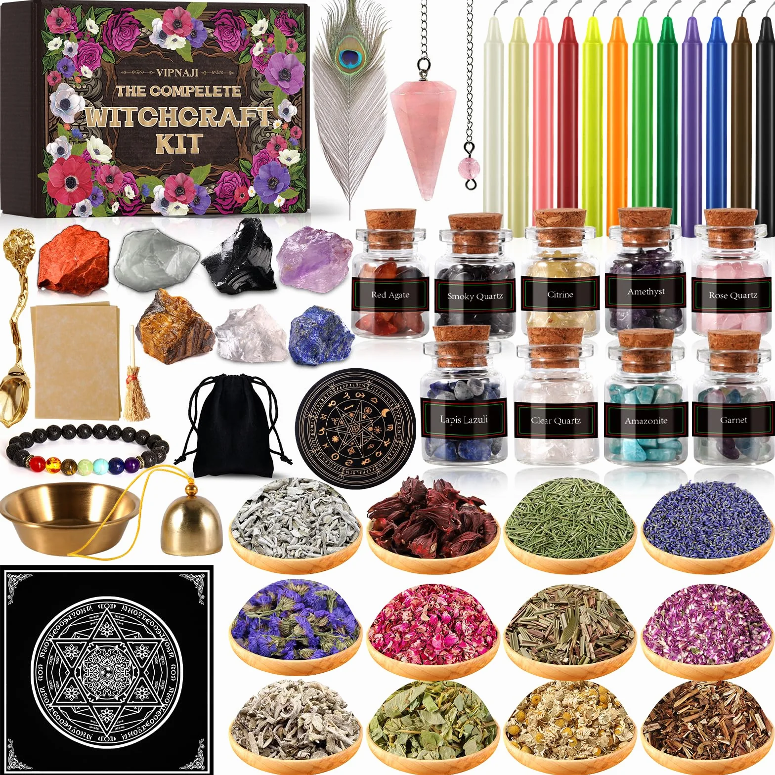 VIPNAJI Oggetti Kit 64 Pezzi Forniture per Stregoneria, per la Preghiera, Bottiglia dei Desideri di Cristallo, Fiori secchi, Materiali Medicinali,Incantesimi, Magia, wicca accessori, Kit per streghe