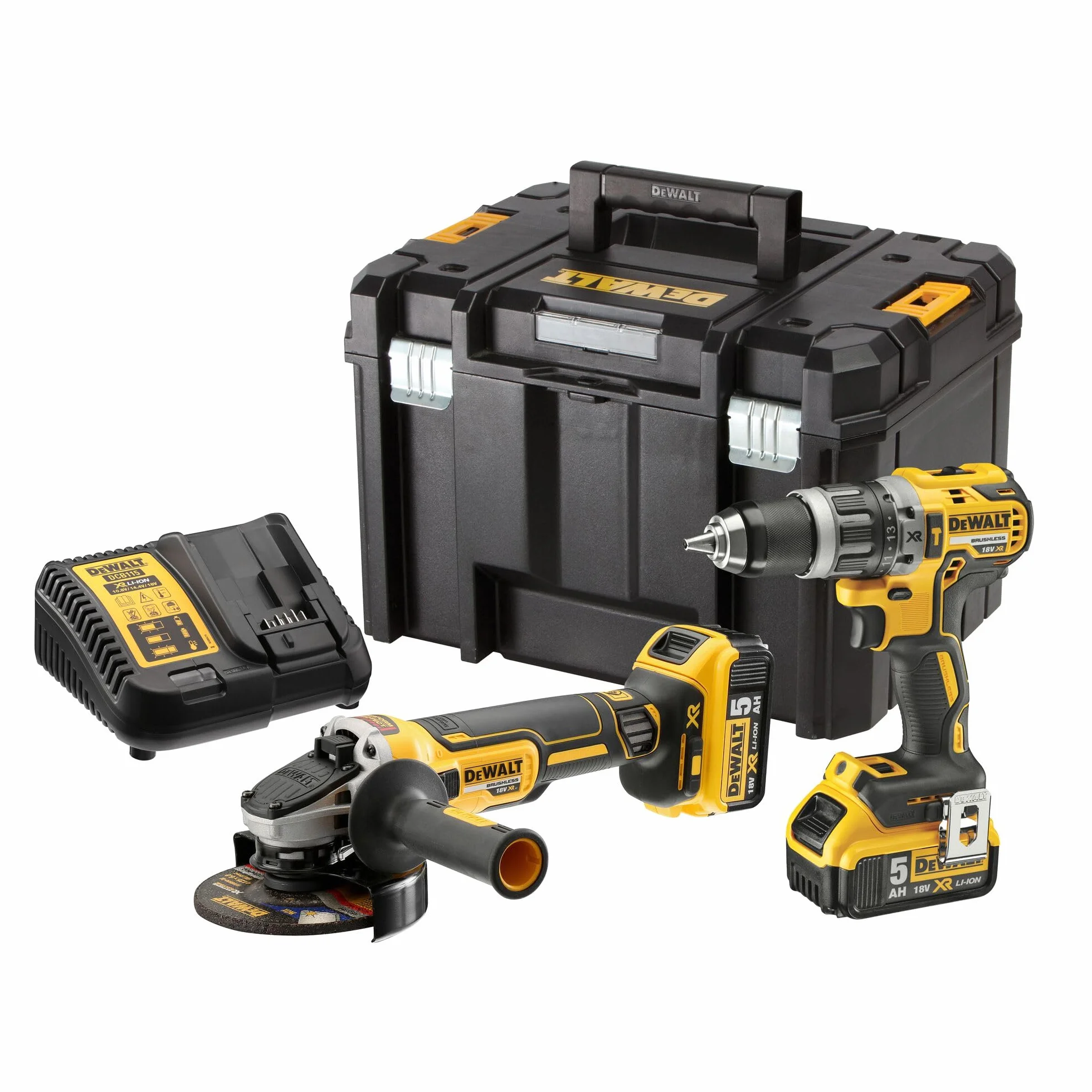 DEWALT KIT composto da DCD796 Trapano 2 vel+ DCG405 Smerigliatrice 125mm + 2 x XR 18V 5Ah, DCK2080P2T-QW