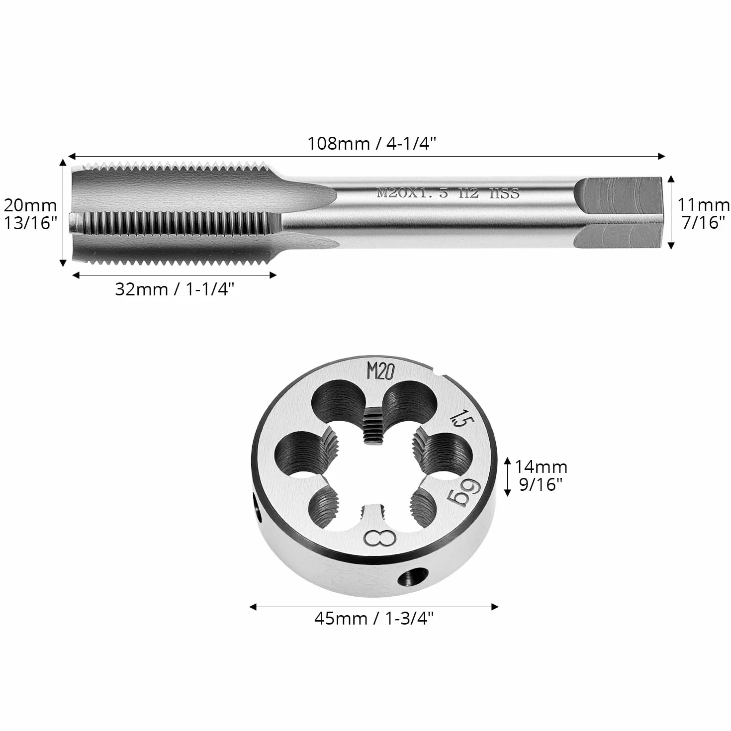 QWORK® Maschio, rubinetteria a vite M20 x 1.5mm, set di maschi e filiere tonde