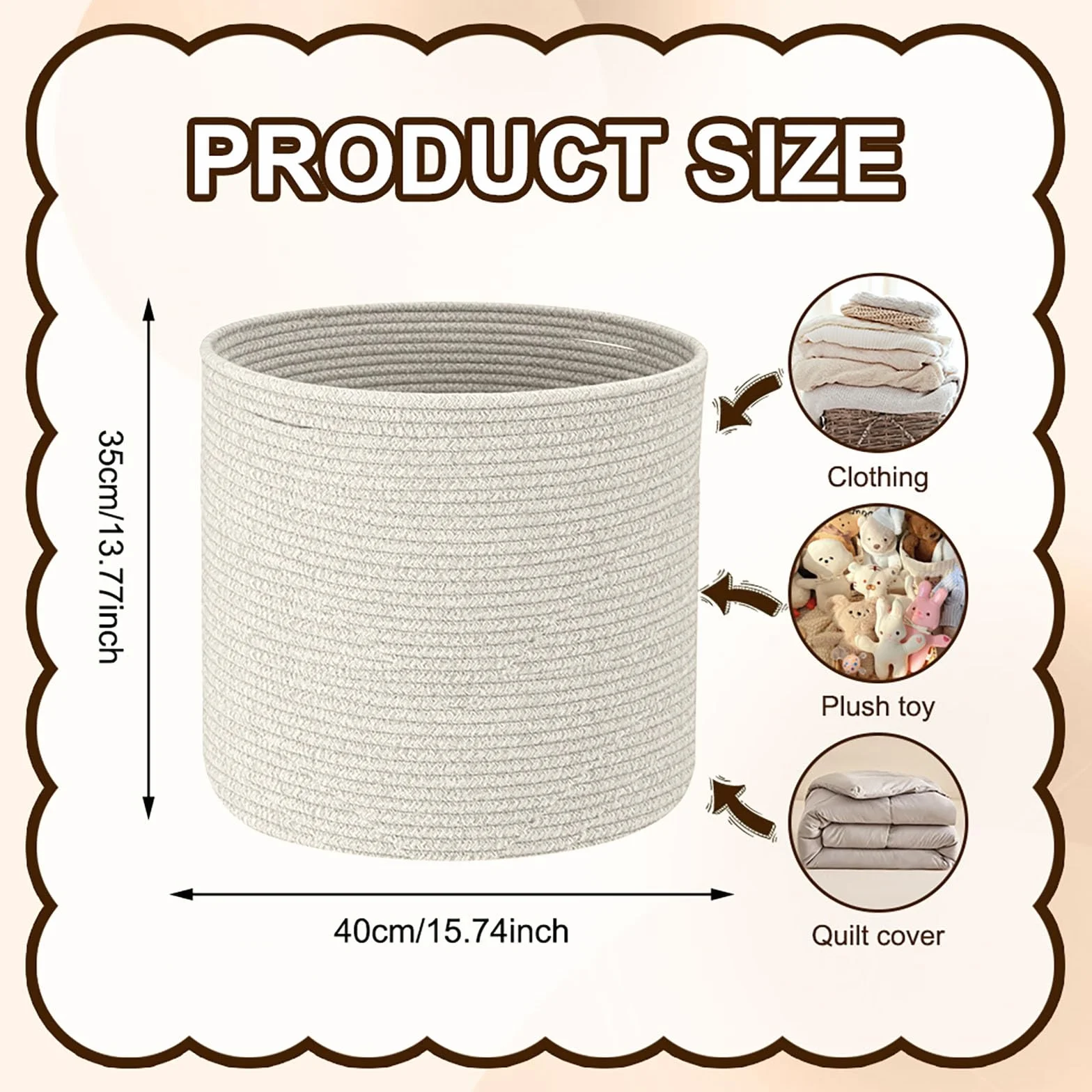 Cestino Portaoggetti in Corda di Cotone, Cesto Portabiancheria 40x35 cm con Manici, Cesto Organizzatore per Giocattoli, Abiti, Coperte, per Nursery, Soggiorno, Camera da Letto (Beige)