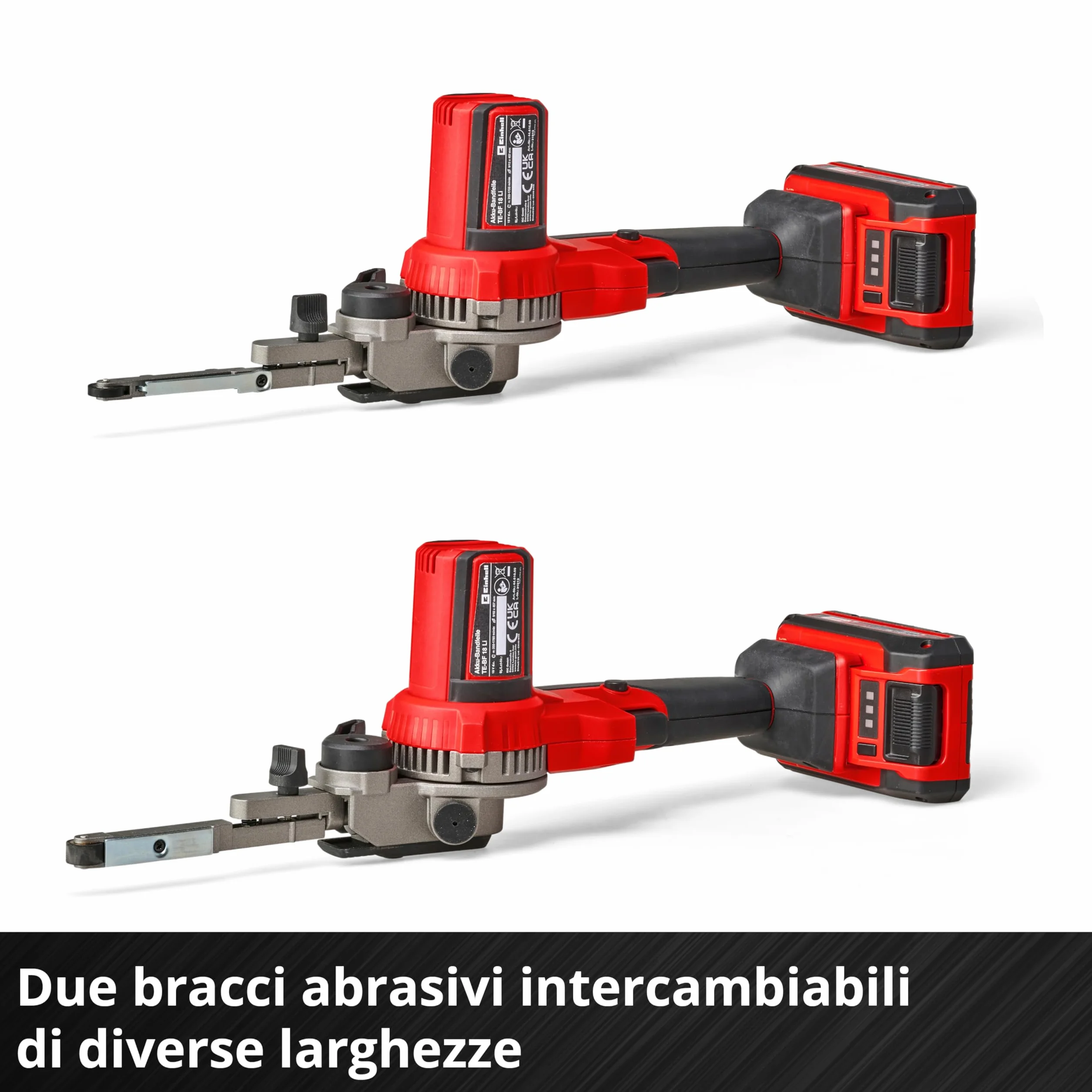 Lima a nastro a batterie Einhell TE-BF 18 Li-Solo Power X-Change (18 V, velocità fino a 1.700 m/min, 2 bracci abrasivi 9 mm e 13 mm, incl. 12 pz. nastri abrasivi, senza batteria)
