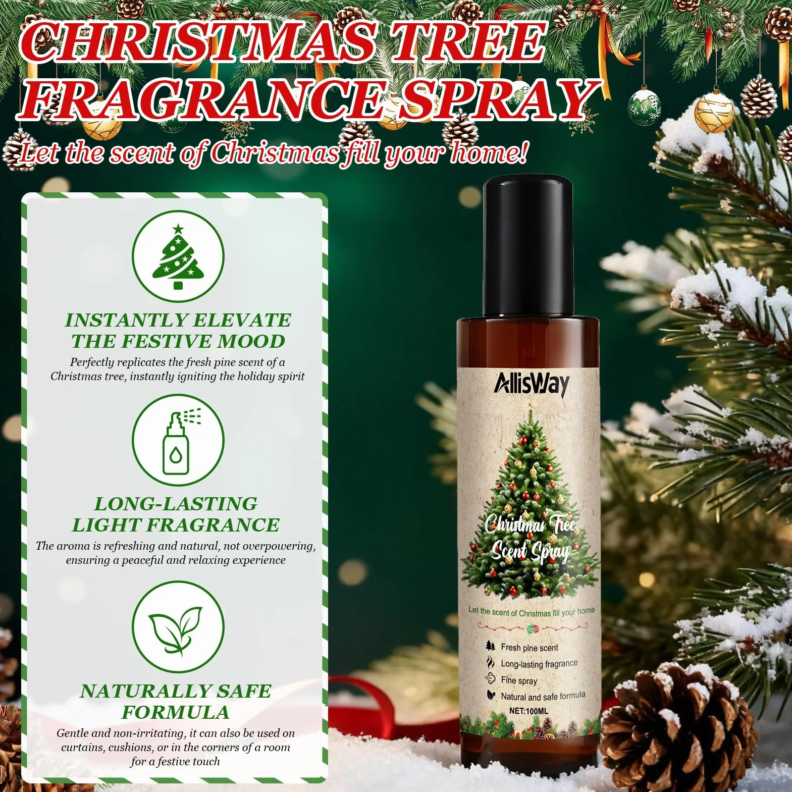 Fragranza per albero di Natale, deodorante per Natale, profumo fresco di pino, che crea un'atmosfera festosa, adatto per alberi di Natale, interni o vestiti, 100 ml