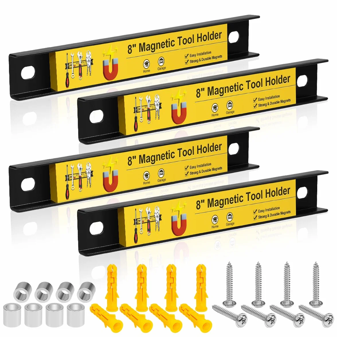 Confezione da 4 organizzatori magnetici per attrezzi, resistenti, da 20,3 cm, barra magnetica per attrezzi da parete, organizer per chiavi, cacciaviti, vassoio magnetico, organizer per attrezzi,