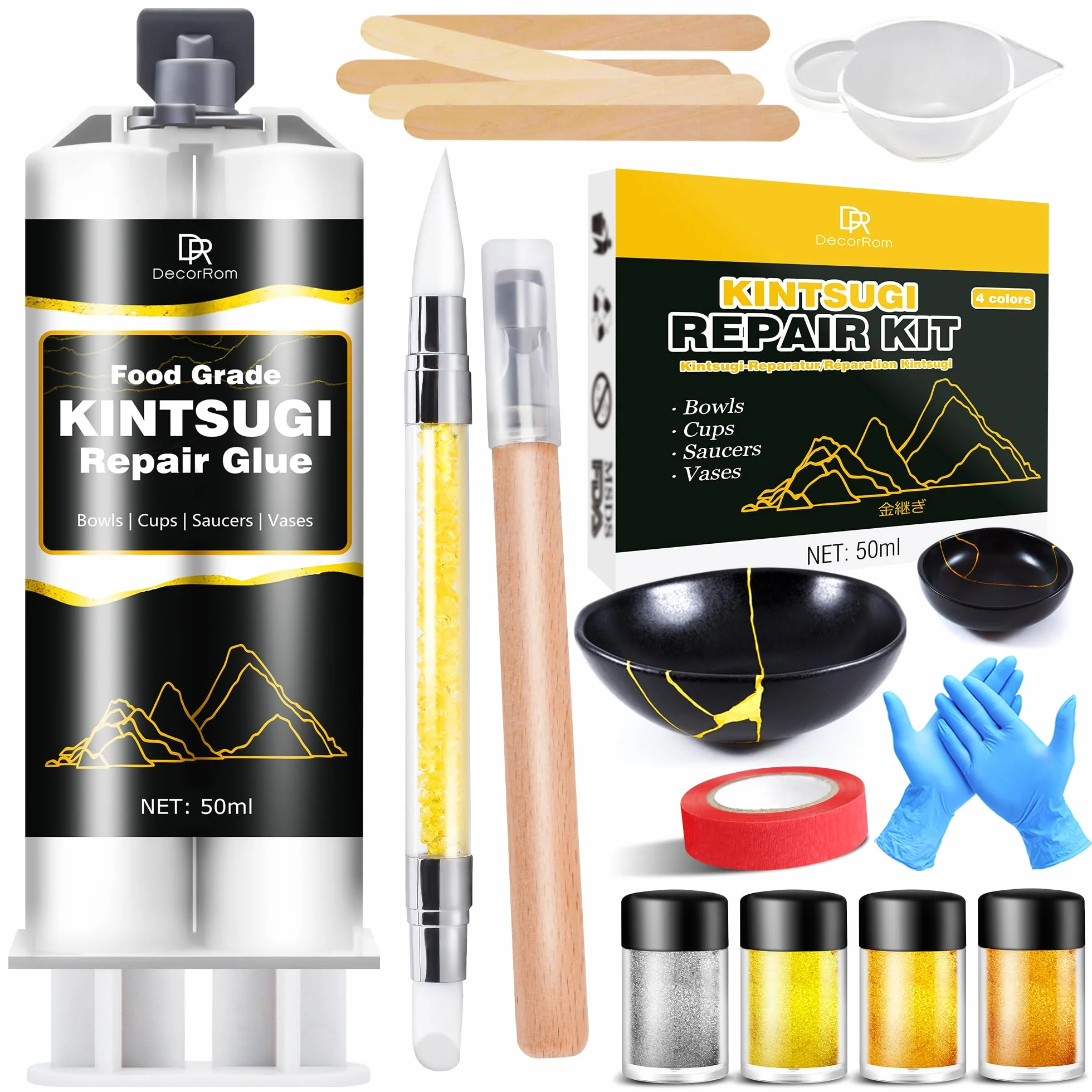 Set di riparazione Kintsugi, 50ml Oro/Argento Set Kintsugi Adesivo per Porcellana, Sicuro per Alimenti Set di Riparazione per Ceramica, per la Riparazione di Ceramica Rotta, Vetro, Sculture, Ceramiche