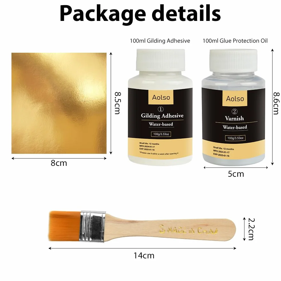 Aolso Set Adesivo per Doratura con Foglia Oro, 100ml Base d'Acqua Adesivo per Doratura e 100ml Vernice Protettiva, 100 Pezzi di Foglia d'Oro Per Decorazioni per Artigianato, Mobili e Pittura