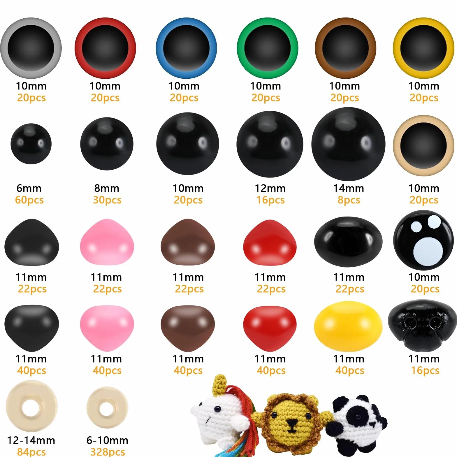 Auauraintt 1040 Pezzi Occhi Amigurumi, Colorati Safety Eyes e Nasi di Diverse Dimensioni con Rondelle, Amigurumi Kit Adatti per Amigurumi, Peluche, Orsacchiotti e Animali all'Uncinetto