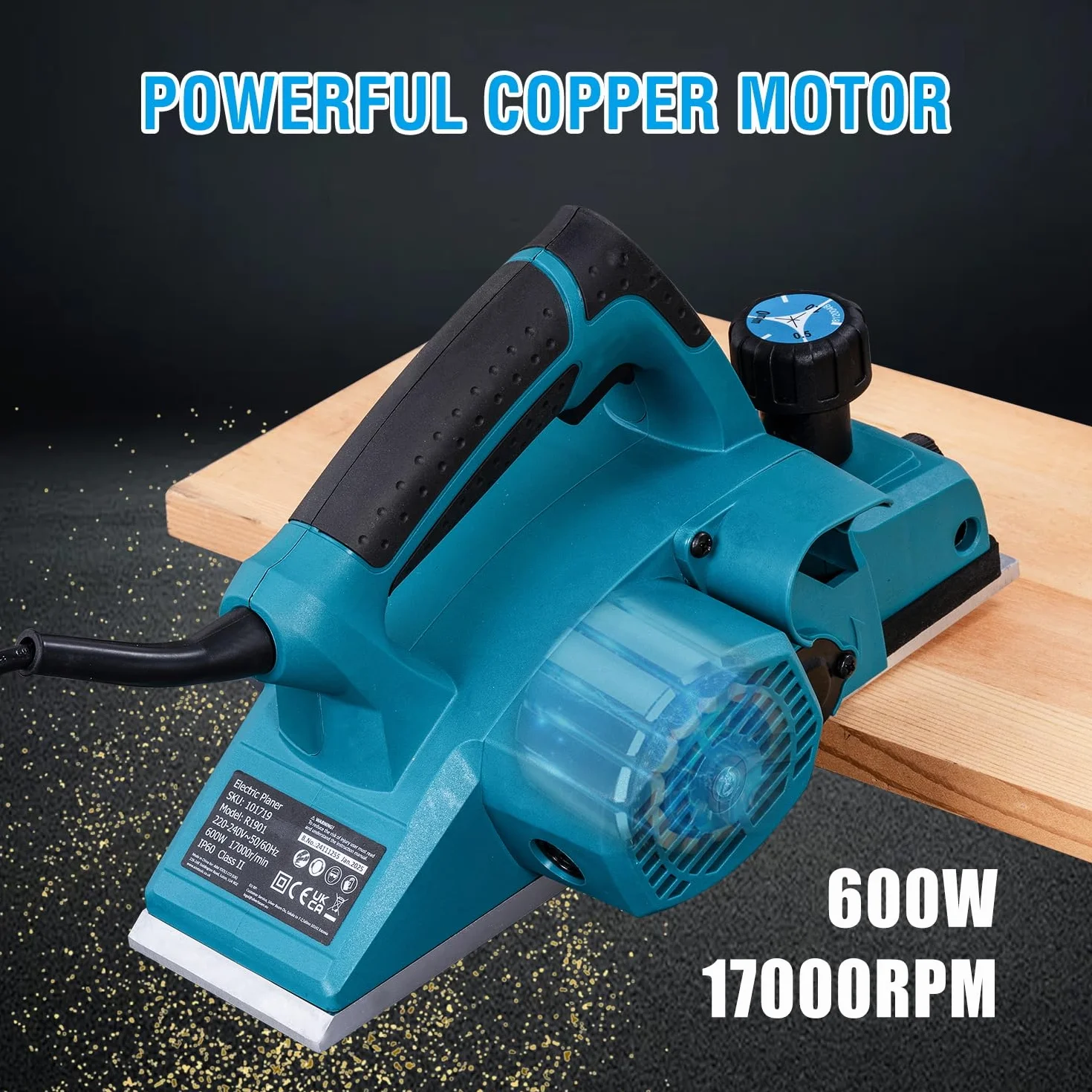 KATSU Tools Pialla elettrica 600W, pialla per legno portatile con cavo, larghezza di piallatura 82 mm, profondità di truciolo 2 mm, per la lavorazione del legno, porte e mobili per casa 101719