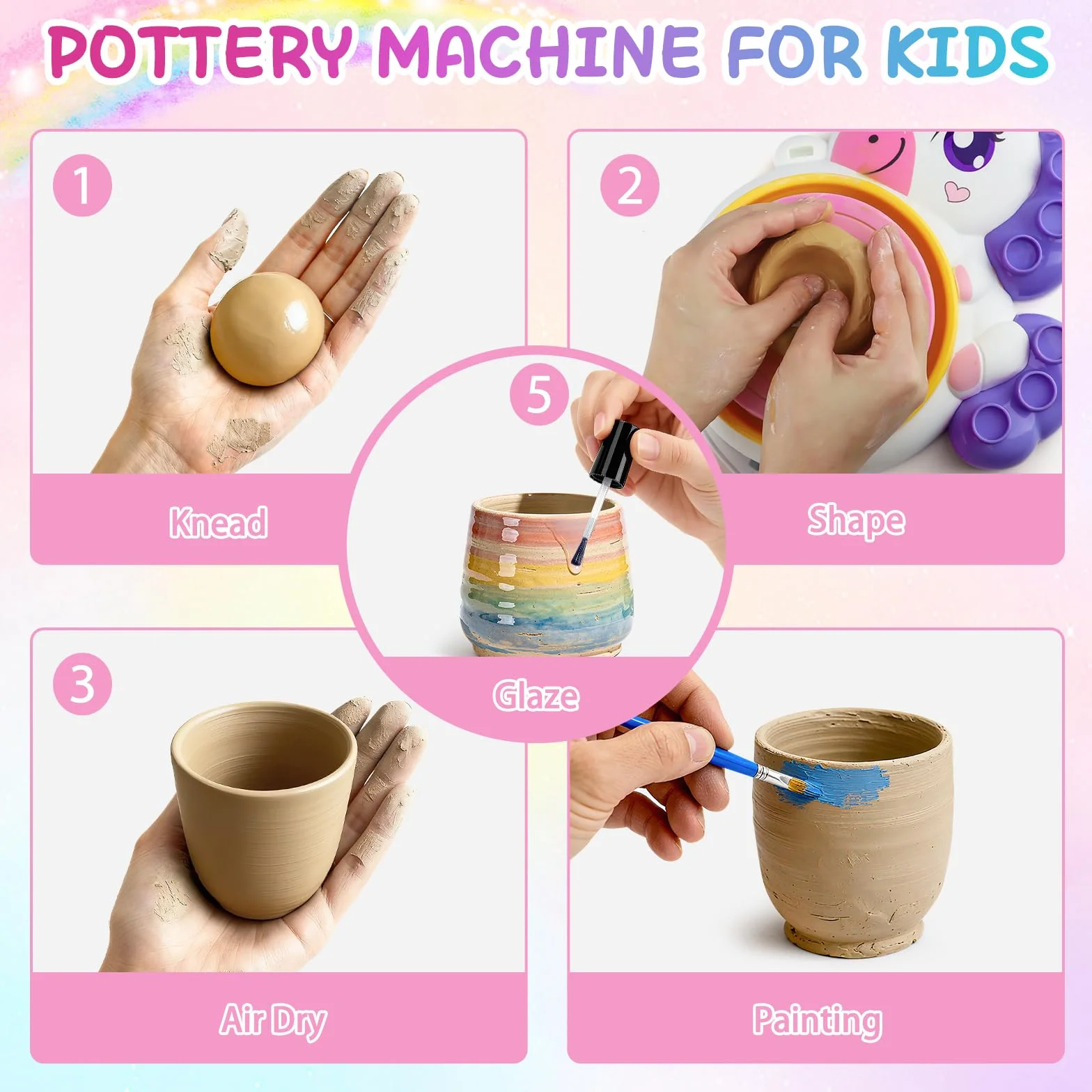 Tornio per Ceramica Bambina 3+ Anni, Fai Da Te Pottery Wheel Kit con Argilla Autoindurente, Lavoretti Creativi per Bambini, DIY Arte e Pittura Laboratorio, Natale Compleanno Regalo bimba Ragazza