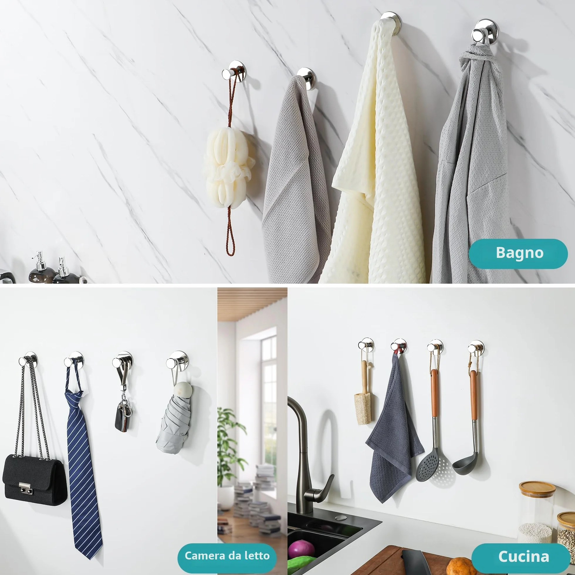 SAYAYO Ganci Adesivi Portasciugamani Acciaio Inox Cromo Lucido, Gancio Appendiabiti Autoadesivo Cucina Bagno, 2 Pezzi