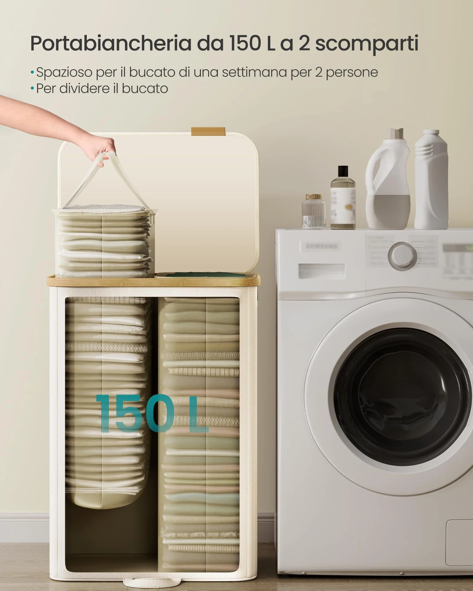 SONGMICS Cesto Portabiancheria con Coperchio, Cesta Porta Biancheria Sporca, Sacchi Interni Rimovibili, Telaio in Bambù, Lavanderia Camera da Letto, 2 Scomparti, 150 L, Bianco Crema LCB532WD01