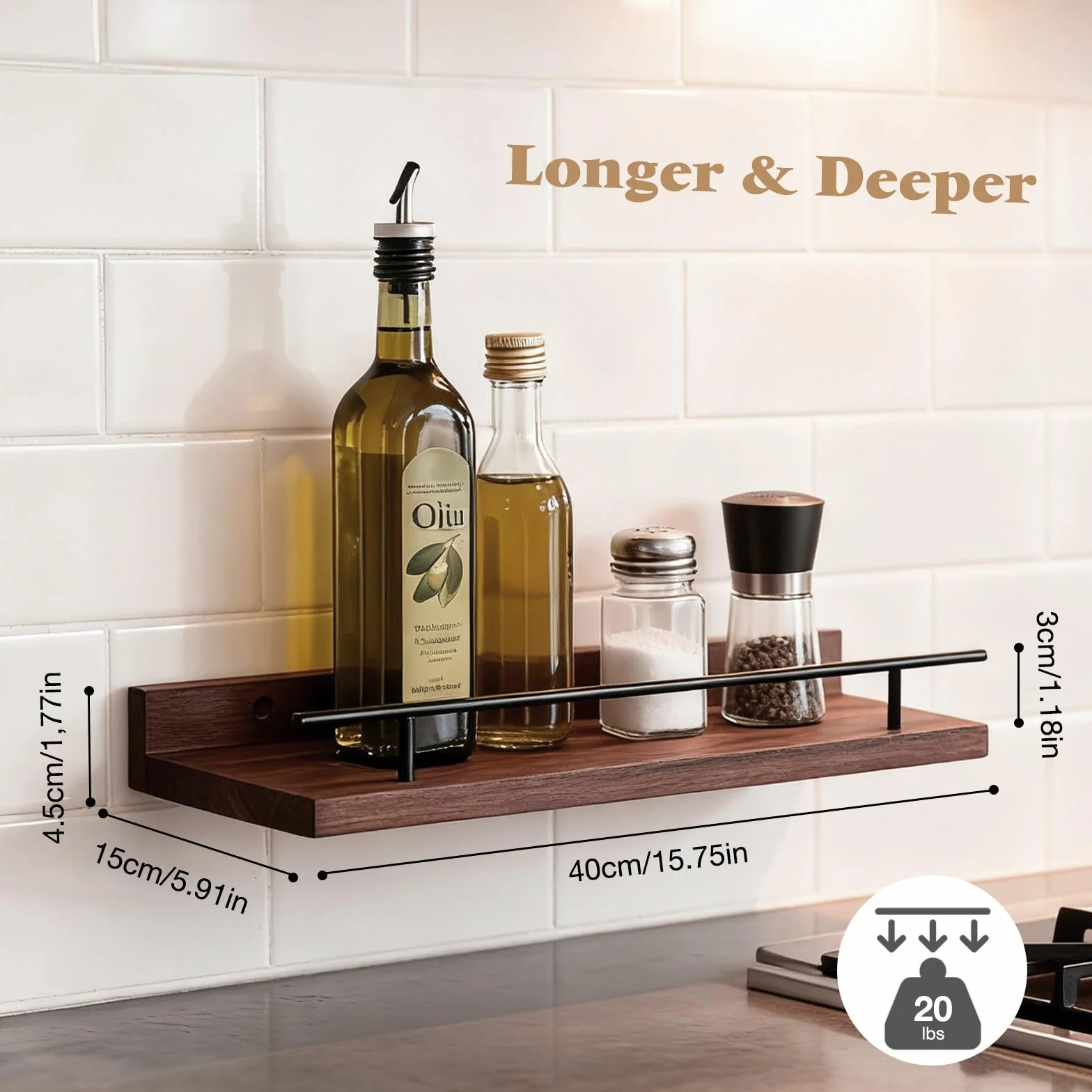 VINATO Set di 3 Mensole da Muro 40x15x4.5CM per Cucina Soggiorno Ufficio e Camera da Letto, Mensole in Legno, Marrone