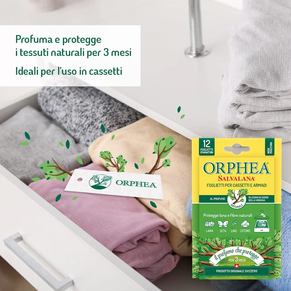 Foglietti per Cassetti e Armadi Orphea Salvalana, Profumo Legno di Cedro, 12 Settimane, 15 Foglietti