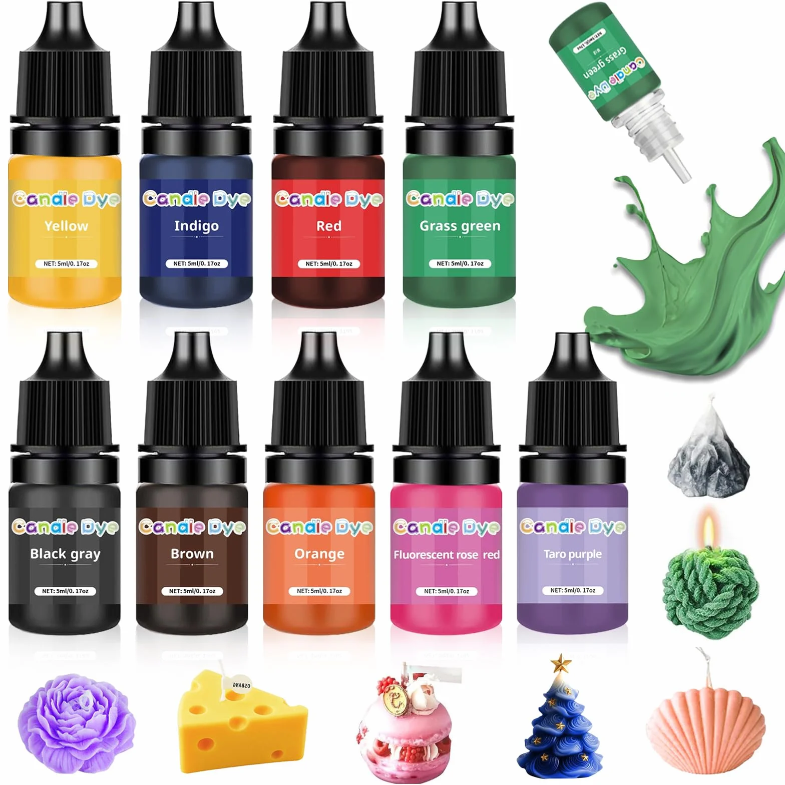 Set 9 Colori Pigmenti Liquidi per Candele Fai-da-Te (5ml), Coloranti Altamente Concentrati per Cera di Soia, Api, Palma e Gel, Mix di Tinte Classiche e Fluorescent