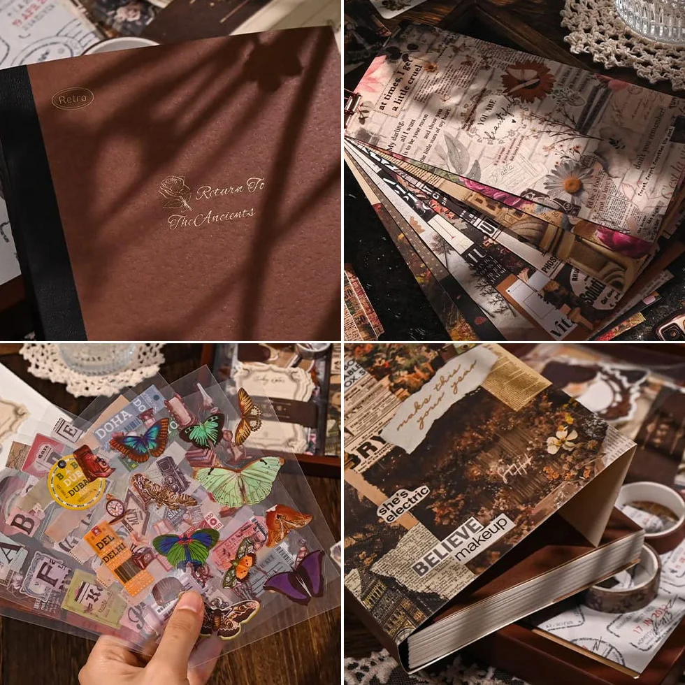 136 Pezzi Set di Accessori per Scrapbook Estetico, Bullet Journal Materiale Vintage, Kit Completo Journaling con Taccuino A6, Adesivi Scrapbooking per Album Diario