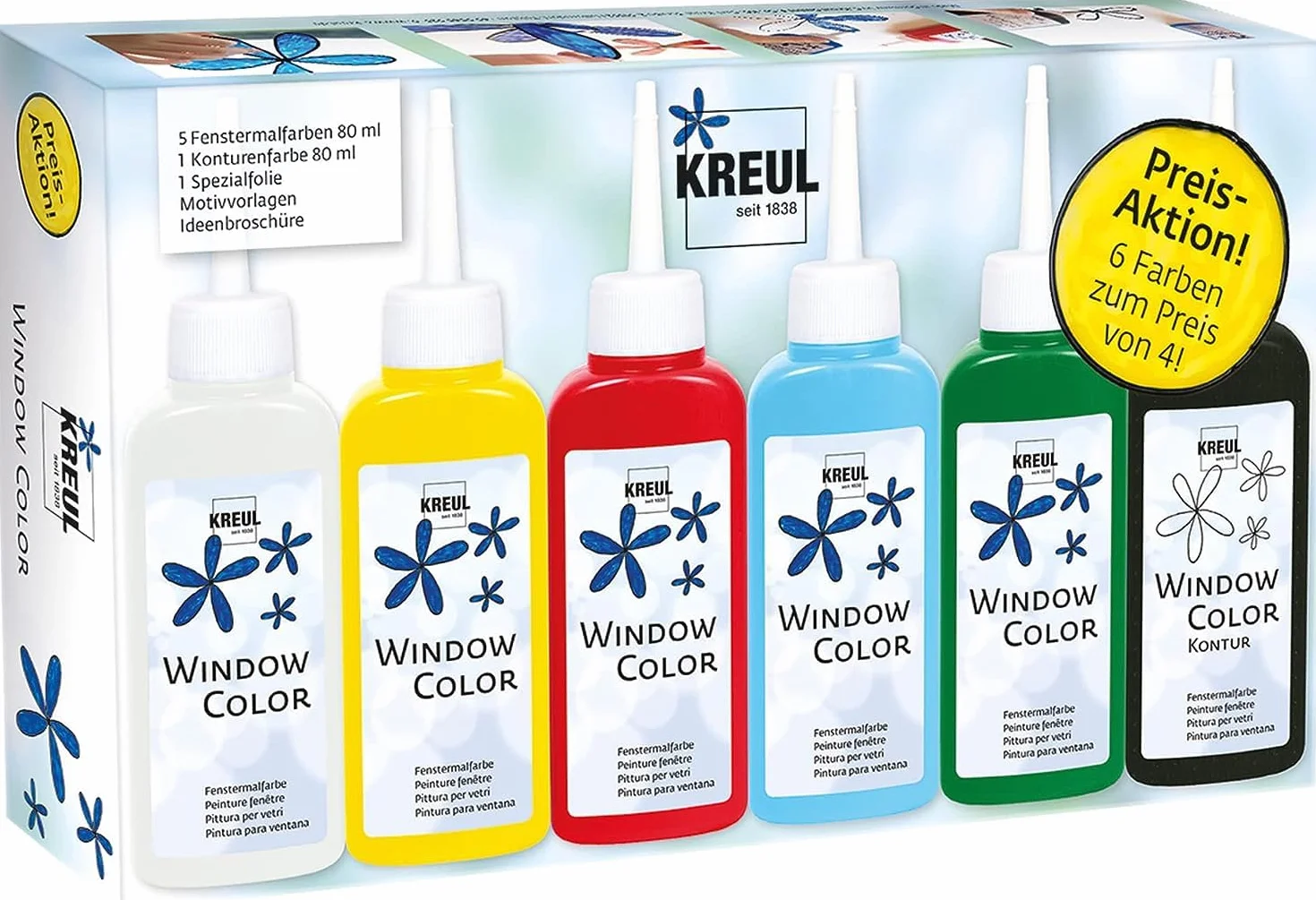 KREUL 42847, Window Color Set Azione, 6 x 80 ml colori per finestre in bianco, giallo, rosso, blu e verde, include 80 ml contorno nero, per bambini creativi con foglio speciale e modelli