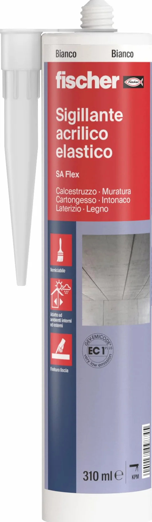 Fischer SA FLEX Bianco, Sigillante Acrilico Elastico per Esterni e Interni, Finitura Liscia, Verniciabile, per Facciate, Crepe e Giunti, Legno, Plastica, Inodore, 552330