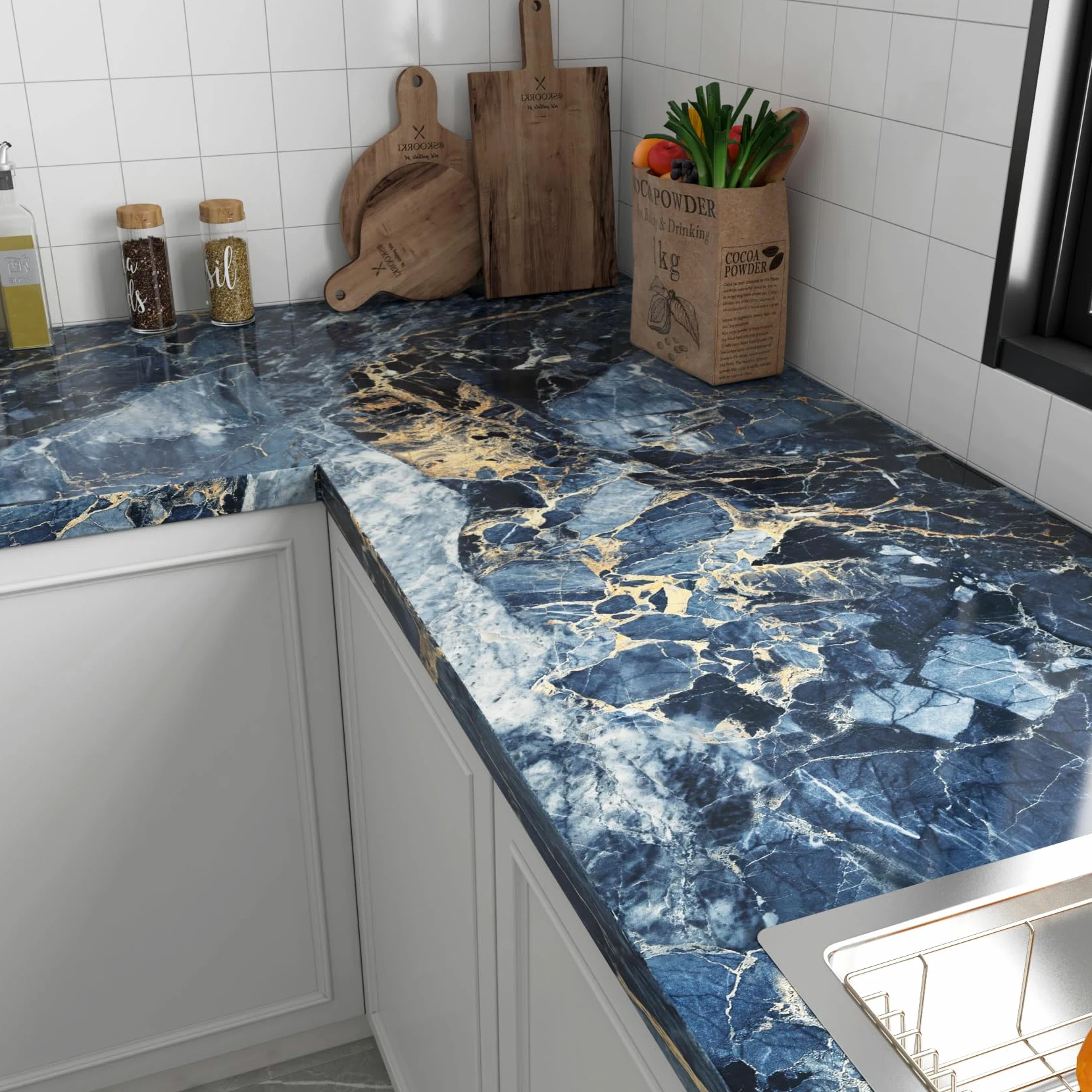 LACHEERY Carta da parati in vinile color blu scuro e oro, 400 x 91 cm di larghezza, adatta per affittuari, piano di lavoro della cucina, stacca e attacca, impermeabile, in vinile, per controsoffitti