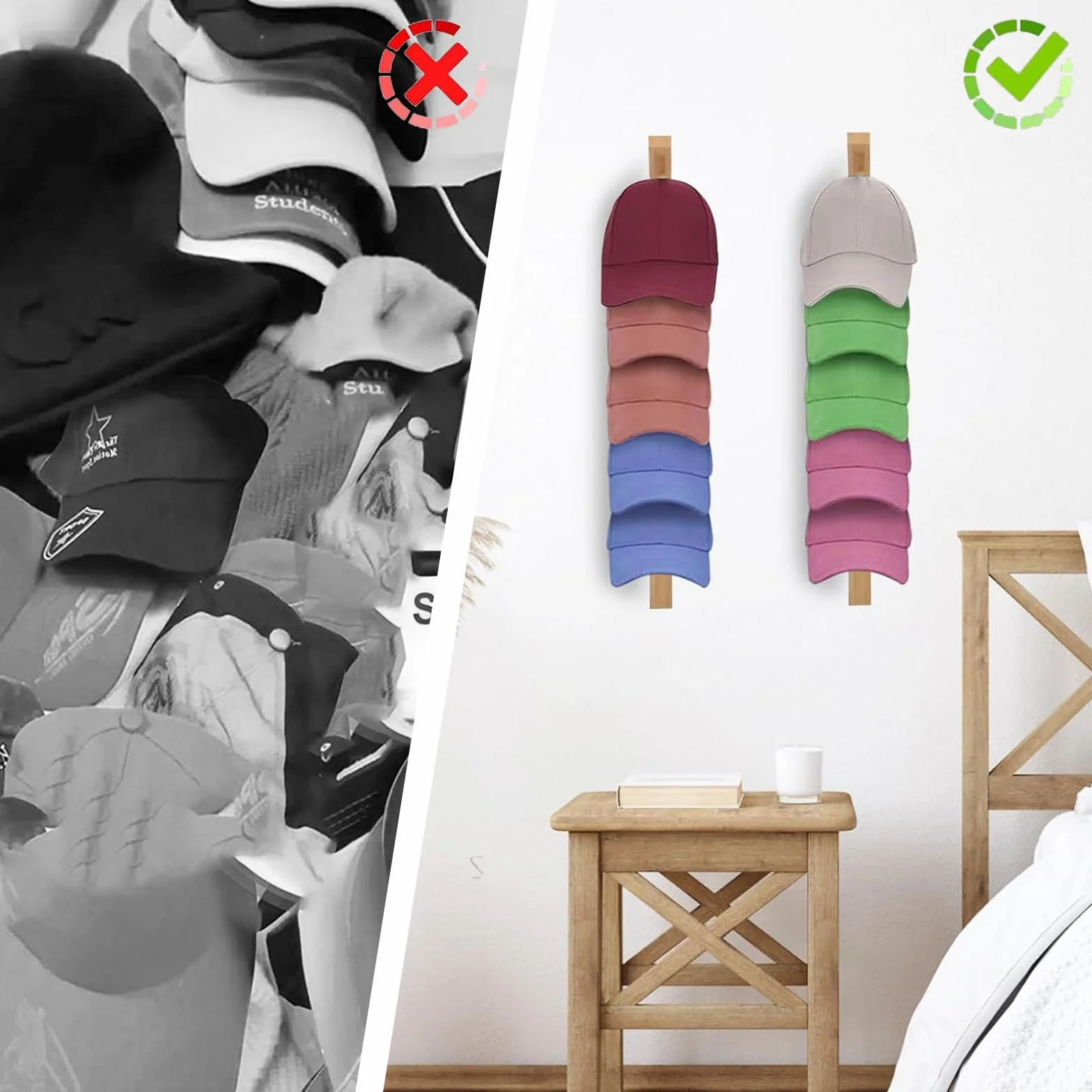 Porta Cappelli da Parete in Legno 2 Pezzi Espositore per Sciarpe e Cappellini da Baseball Organizer Ganci