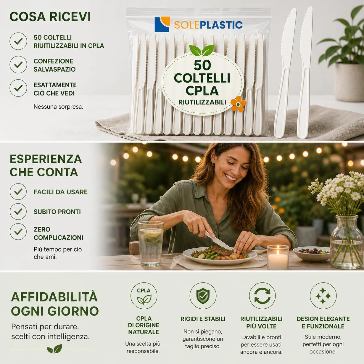 SOLEPLASTIC 50 Coltelli Riutilizzabili 16 cm Bianco Posate Ecologiche per Catering