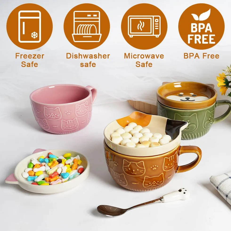 HOTUT Tazza Gatto Caffe Set Ceramica Kawaii, Set di Tazze da Caffè con Coperchi