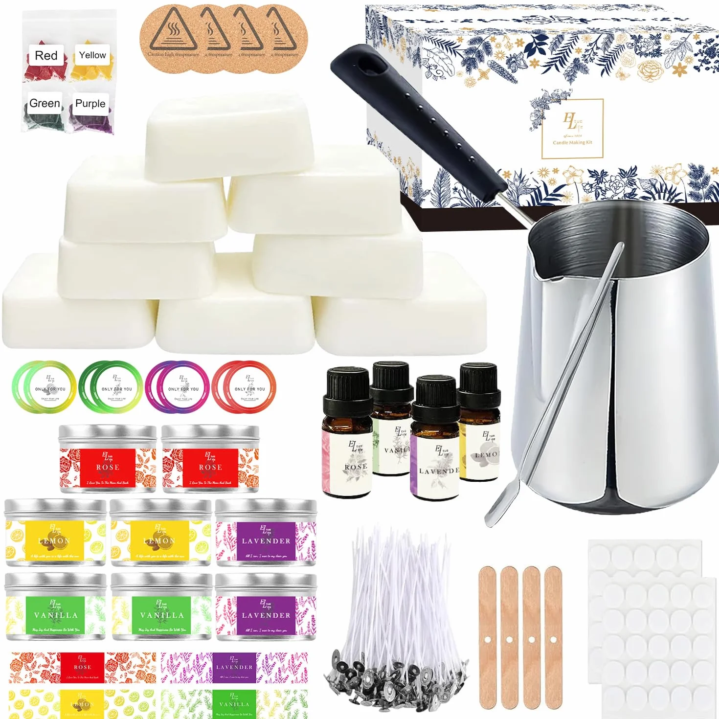 Kit per Fabbricazione Candele,Kit Candele fai da te,Aromaterapia Per La Creazione di Candele,Cera di soia,Creazione di Candele, Crogiolo,Oli Profumati,Scatole Per Candele,Stoppini,Cera Colorante