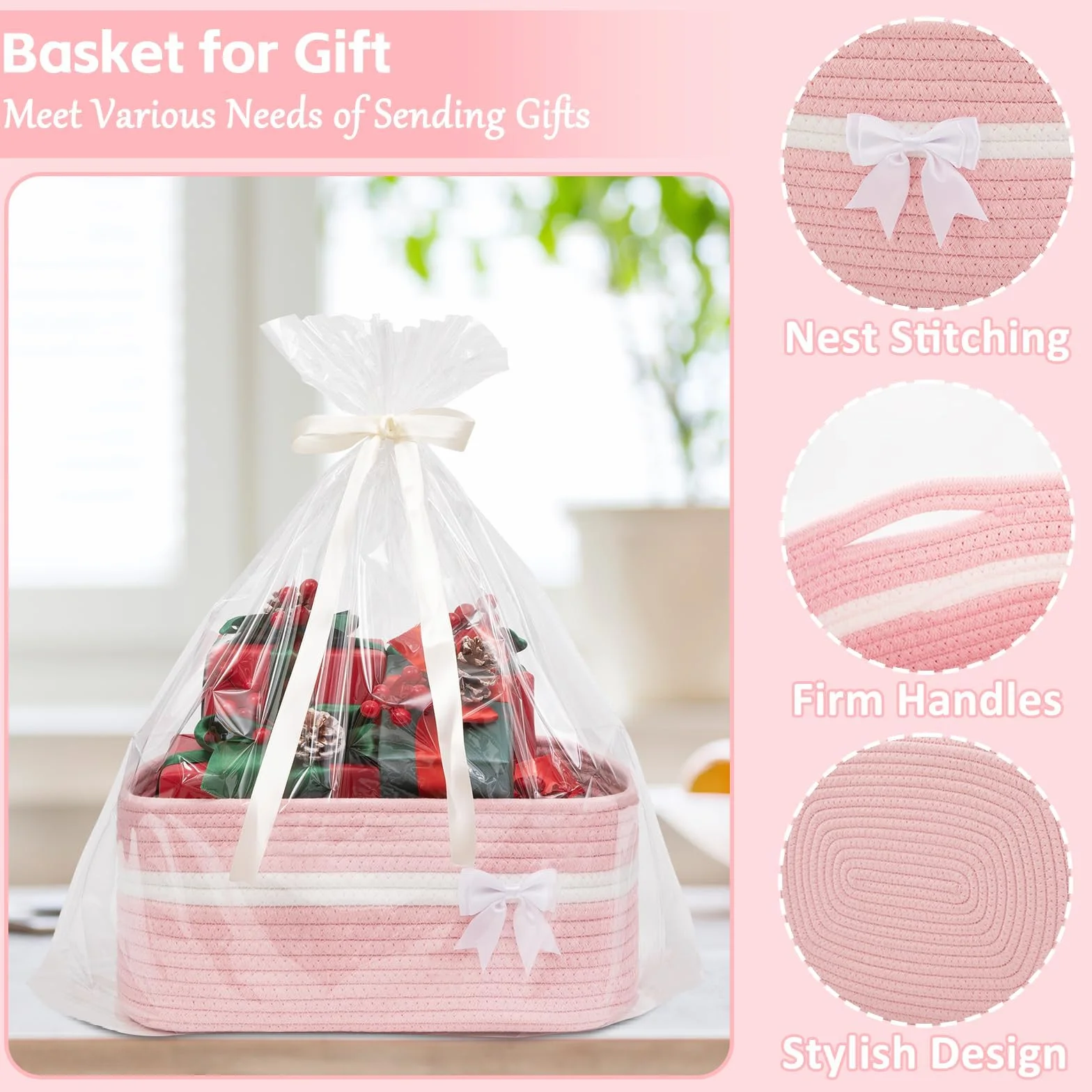 Cestino Portaoggetti Intrecciato Rosa con Fiocco Decorativo, Cesto Regalo Vuoto per Baby Shower, Compleanni, Pasqua, Cameretta, Fasciatoio – Cestino in Corda di Cotone con Manici, 34×15×25 cm