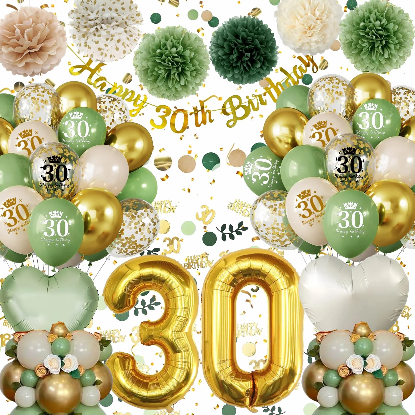 Palloncini 30 Anni Compleanno Verde Oro,Decorazioni 30 anni Compleanno Donna Uomo,Festone Happy 30th Birthday,Pompons, Palloncino Cuore Riutilizzabile,30 Anni Decorazioni Festa Compleanno
