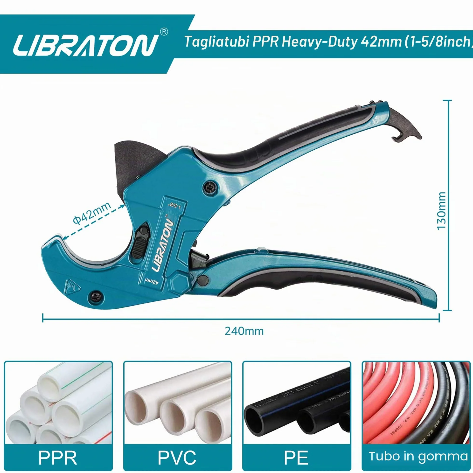 Libraton PVC Tagliatubi, 42mm Taglierina per tubi in PVC, Macchina da Taglio a Cricchetto per Tagliare di Tubi in PVC, PPR, PEX, Idraulici