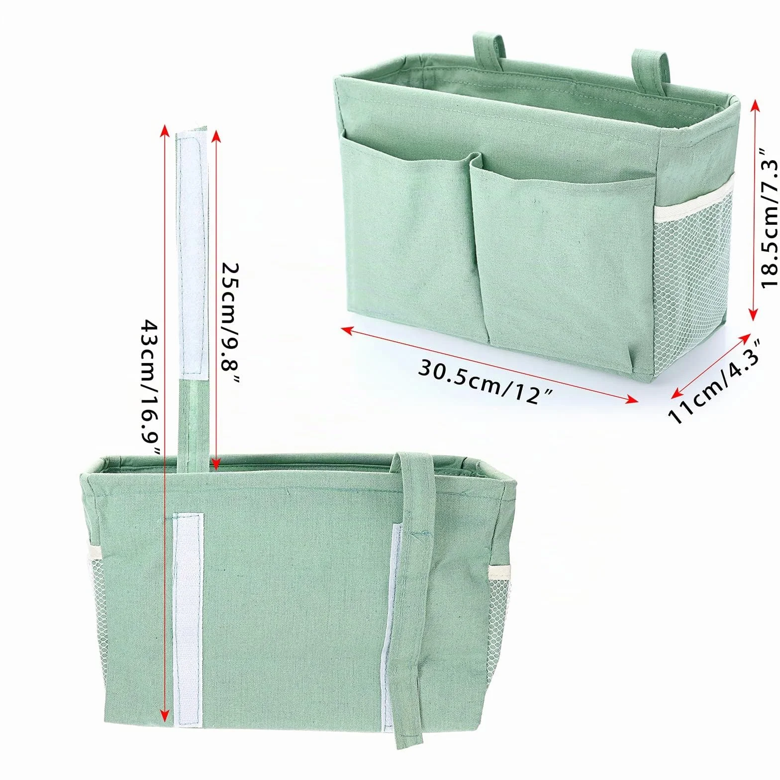 IGNPION Cestini portaoggetti da appendere al comodino in tela, tasche regolabili, organizer multiuso, verde