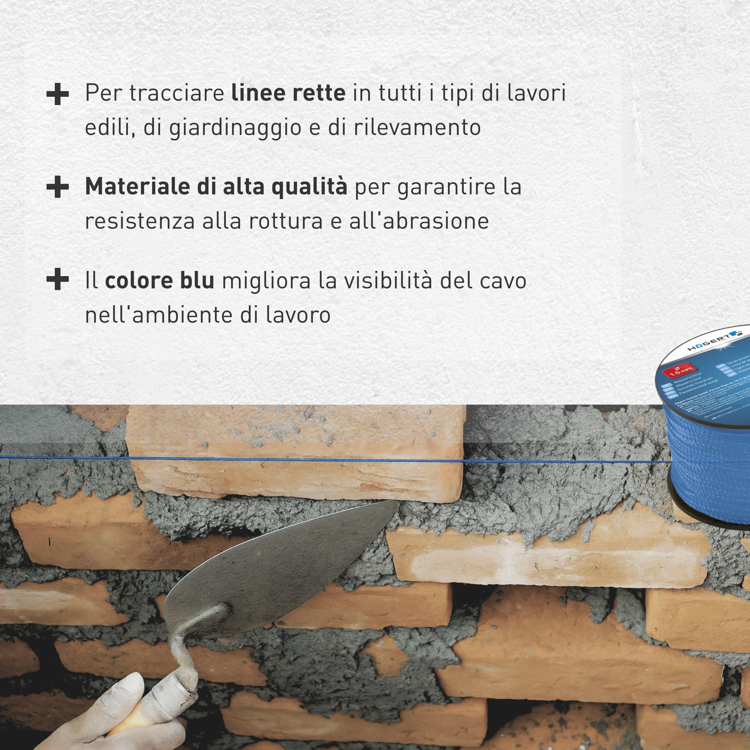 Högert Technik - Filo per muratura 50 m - Filo da muratura blu - Ø 1,5 mm - Resistente agli strappi e carico - Su bobina/corda/cordicella/cordicella/filo per pavimentazione