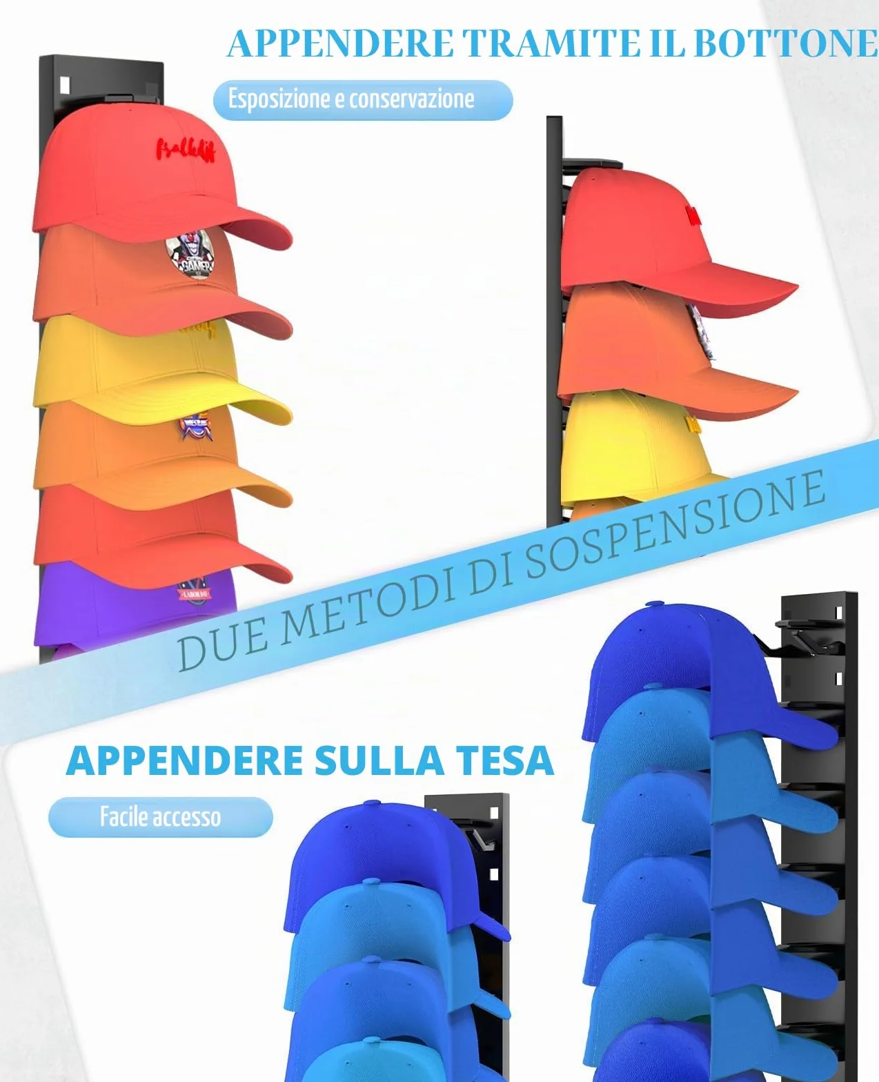 Supporti autoadesivi per cappelli fino a 18 cappelli, supporto da parete, nero