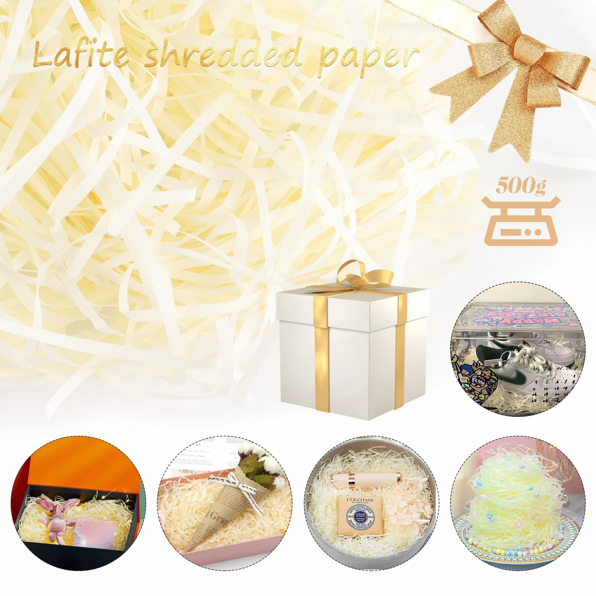 Carta Tagliuzzata 500 Grammi Carta Velina Tagliuzzata Raffia Cestino Paglia per Confezioni Imballaggio per Confezioni Regalo e riempimento di Scatole Regalo (Bianco)