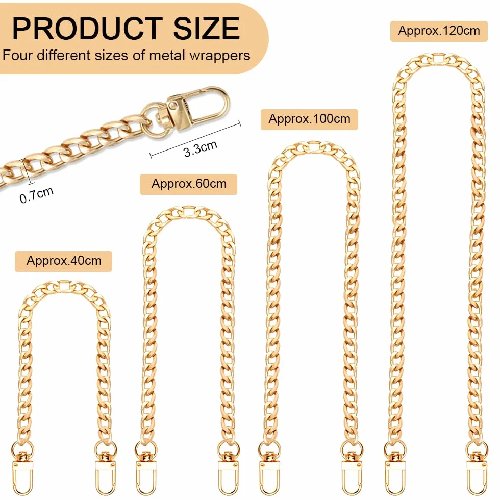4 Pezzi Tracolla Catena per Borsa 40/60/100/120 CM,Catena Borsa Uncinetto Oro,Bag Chain Strap,Catenella Ricambio per Borse A Spalla,Catenella Dorata per Borsetta,Manici per Borse Metallo