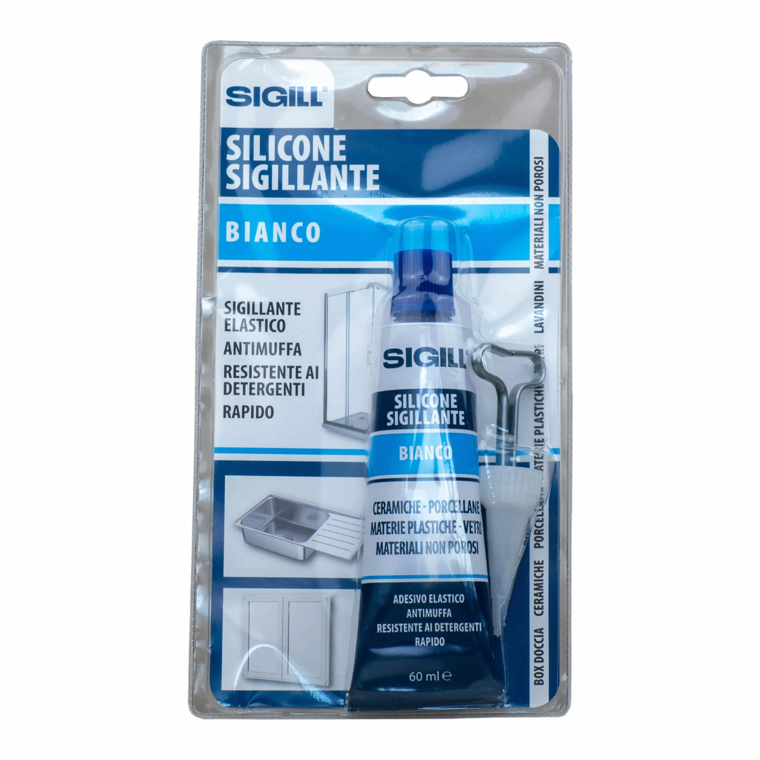 SIGILL, Silicone Sigillante con Chiavetta Stringi Tubetto e Beccuccio Dosatore, Resistente alle Muffe e ai Detergenti, Rapido, Elastico e Forte, Colore Bianco, Tubetto da 60 ml
