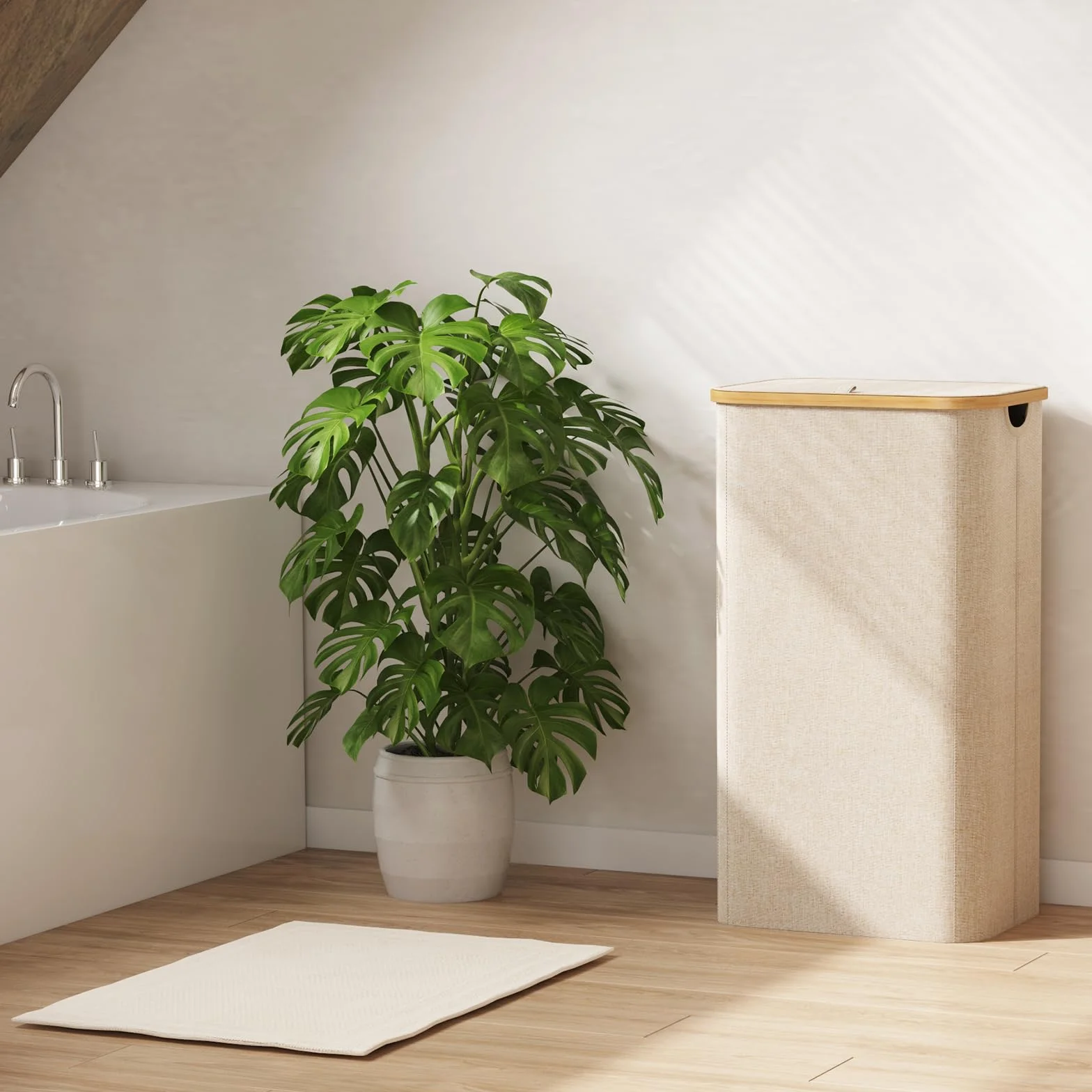 Lifewit Cesta Portabiancheria 100 L con Coperchio, Grande Cesto Biancheria Pieghevole in Bambù con Sacco Interno, Portabiancheria Salvaspazio, Laundry Basket per Camera da Letto, Bagno, Beige