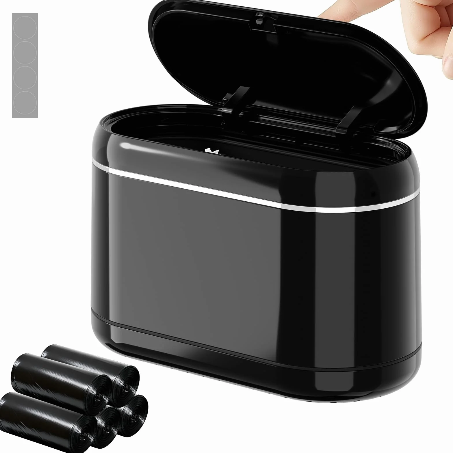 PAVSTINE Cestino Da Scrivania Pop-Up, Mini Pattumiera da Tavolo Design a Doppia Canna, Pattumiera da Scrivania Dotato di 5 Rotoli di Sacchetti per la Spazzatura e 4 Tappetini Antiscivolo, Nero