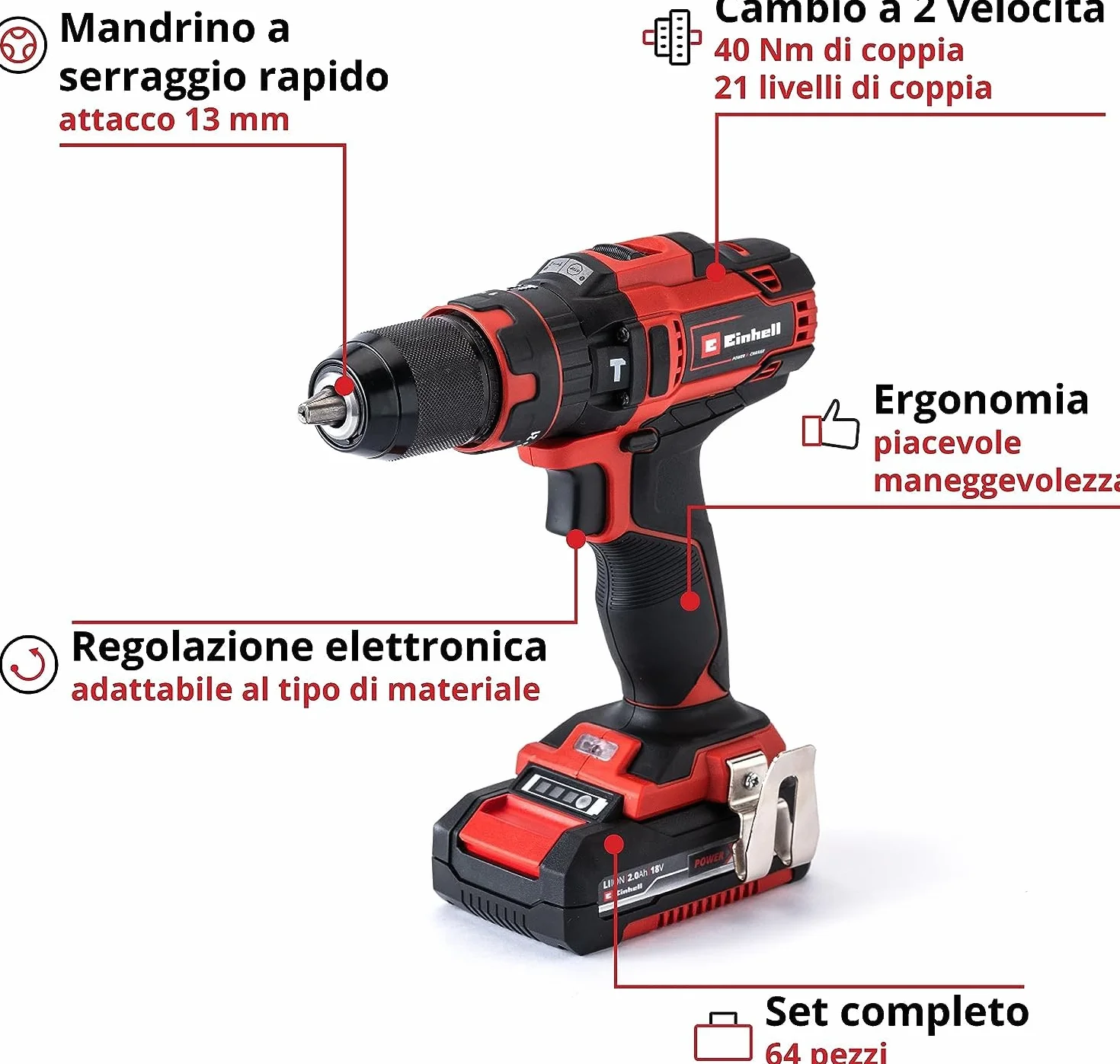 Einhell Set trap. percuss. batt. TE-CD 18/40 Li-i +64 (2x2,0 Ah) PXC (ioni di litio, 18 V, 40 Nm, sist. elettr. regolaz. giri, trasmis. 2 vel., max. 24.000 min-1, con batterie, caricabat. e accessori)