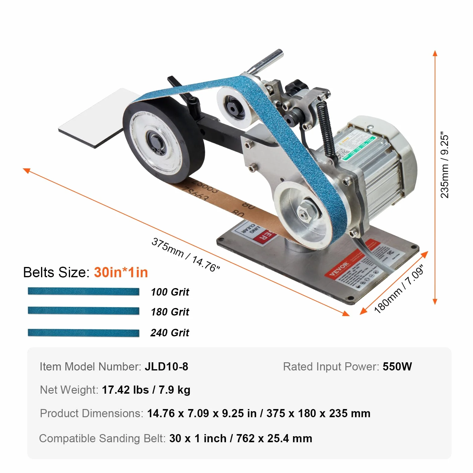 VEVOR Lucidatrice a Nastro a Velocità Variabile 762 x 25 mm con VFD, Levigatrice per Lucidatura 550 W con 2 Stampi Smerigliatura e 3 Nastri Abrasivi per Lavorazione Metalli, Produzione Coltelli