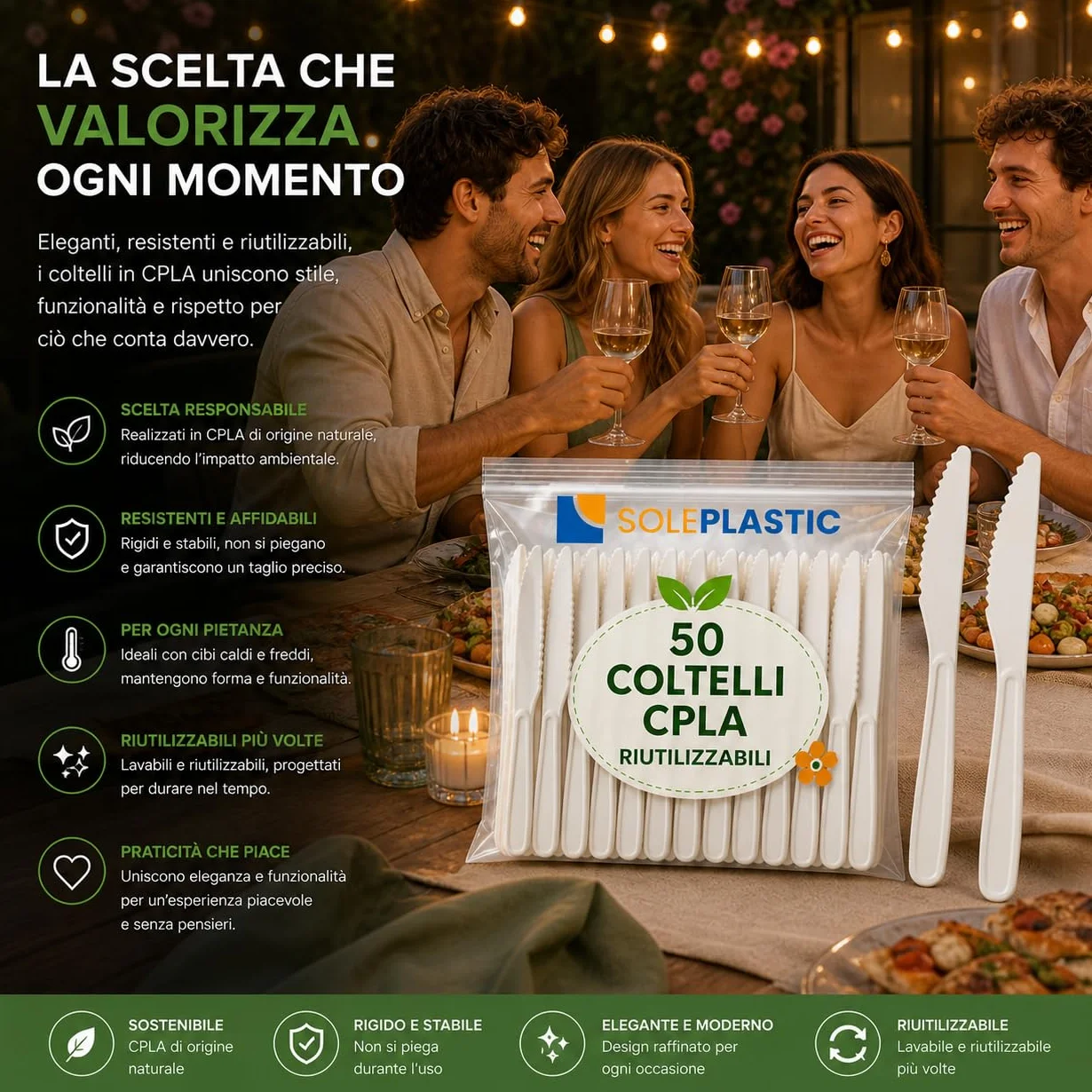 SOLEPLASTIC 50 Coltelli Riutilizzabili 16 cm Bianco Posate Ecologiche per Catering