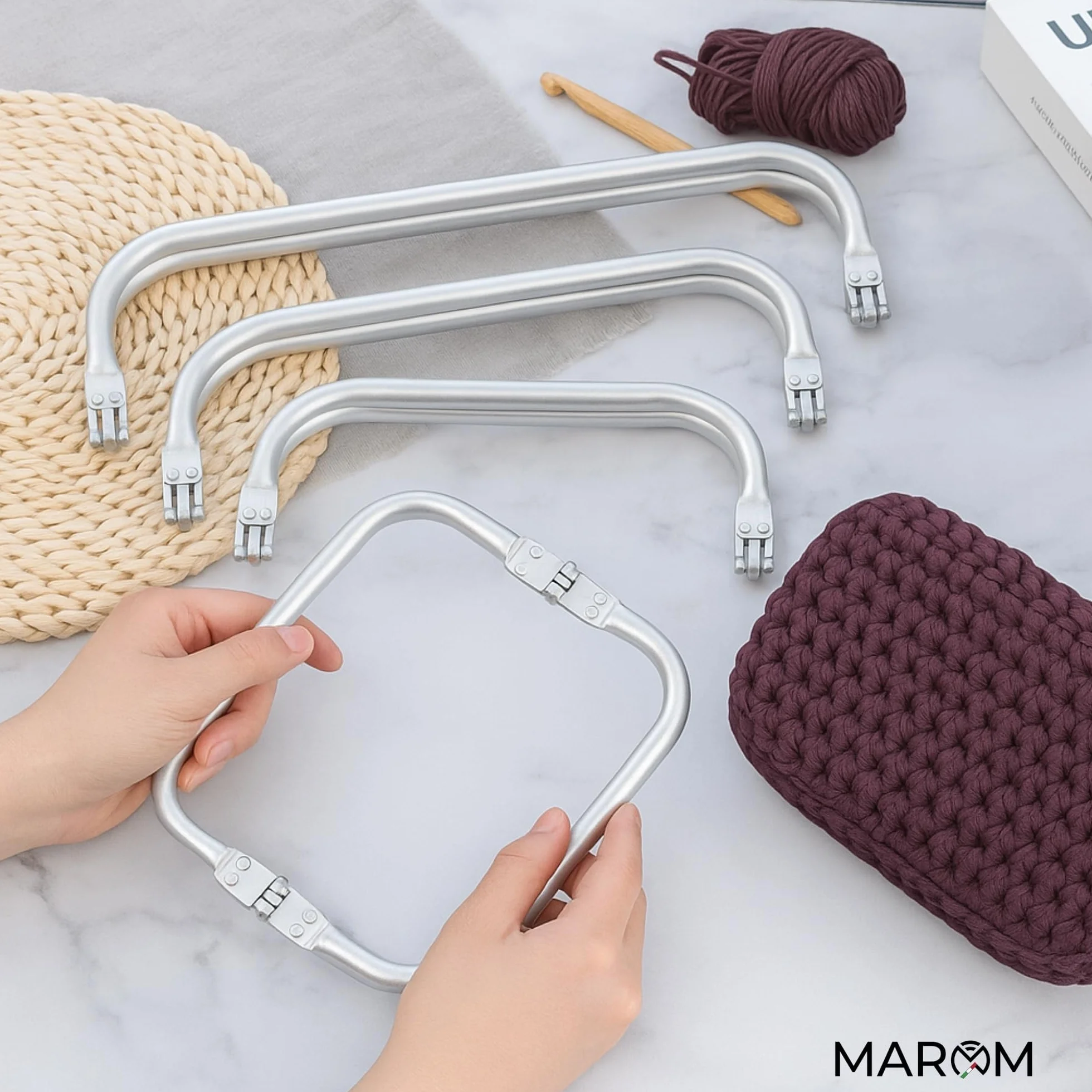 MAROM - Chiusura Borsa Uncinetto A Molla in Alluminio, 4 Manici per Borse Uncinetto Fai da Te 16cm, 18cm, 20cm e 22cm + EBOOK in Omaggio sulla Creazione della Tua Clutch Bag