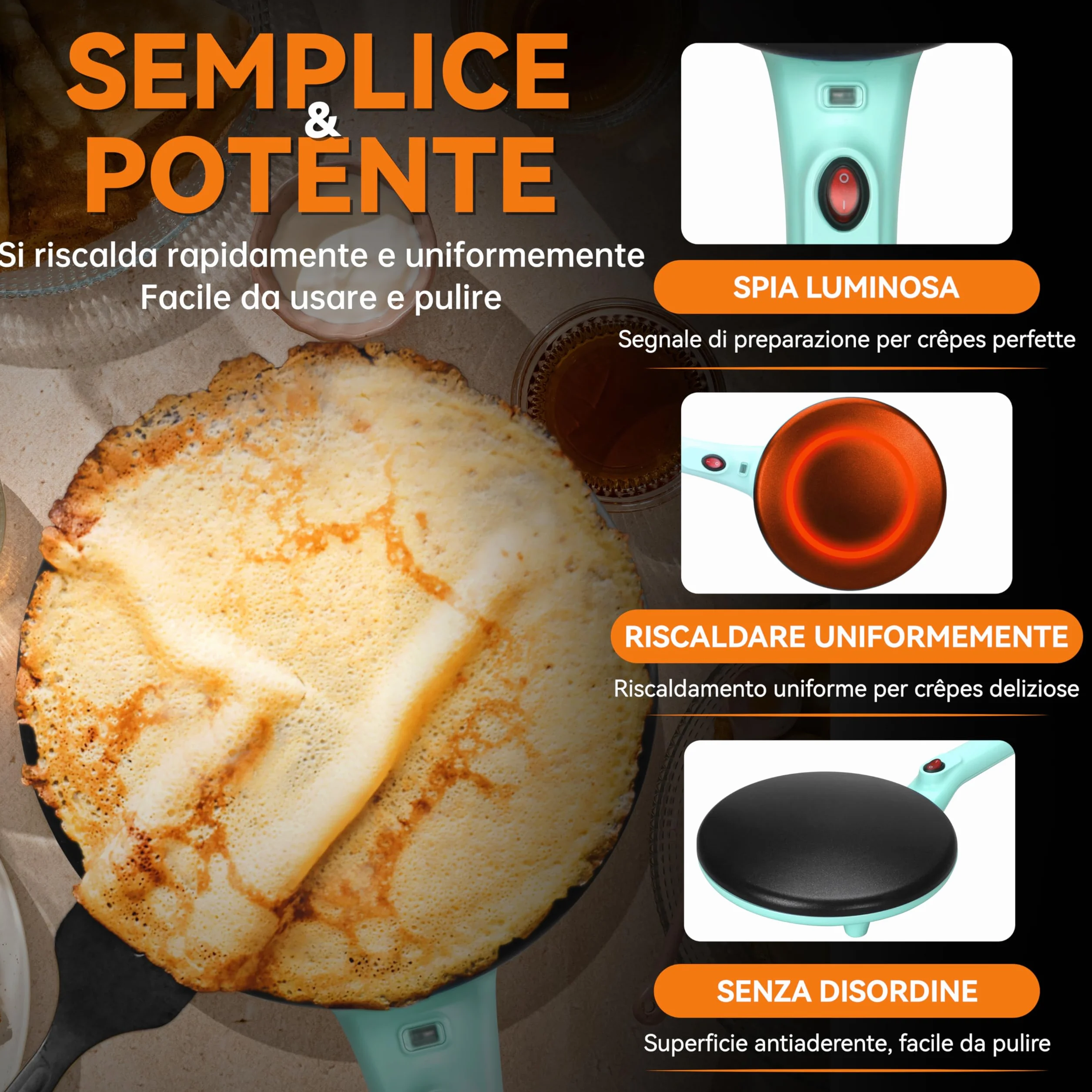 Baker's Friend Macchina per Crêpes Istantanee con Manico, Macchina Elettrica Padella per Crêpes, Crêperia Elettrica, Padella Crepes Antiaderente da 20 cm, Blu-verde