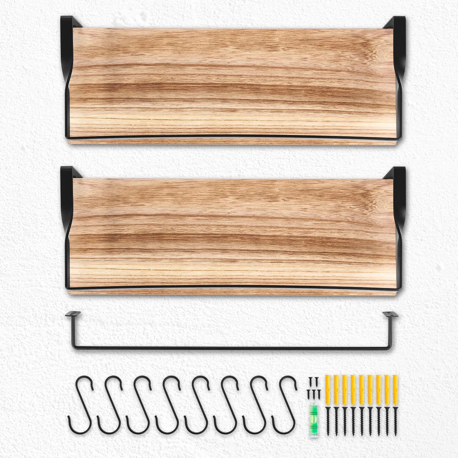 Uten Mensole da Muro Design Moderne, Set 2 Pezzi Mensole da Muro in Legno con Portasciugamani e Ganci, Mensole Sospesa da Parete Rustico per Cucina, Bagno, Salotto, Ufficio, 42 x 15 x 6,8 cm