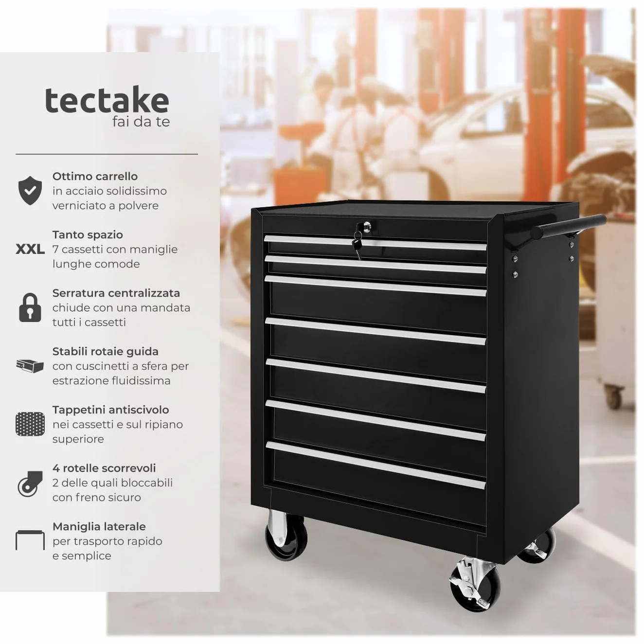 Tectake Carrello Portautensili 7 Cassetti con Ruote Nero
