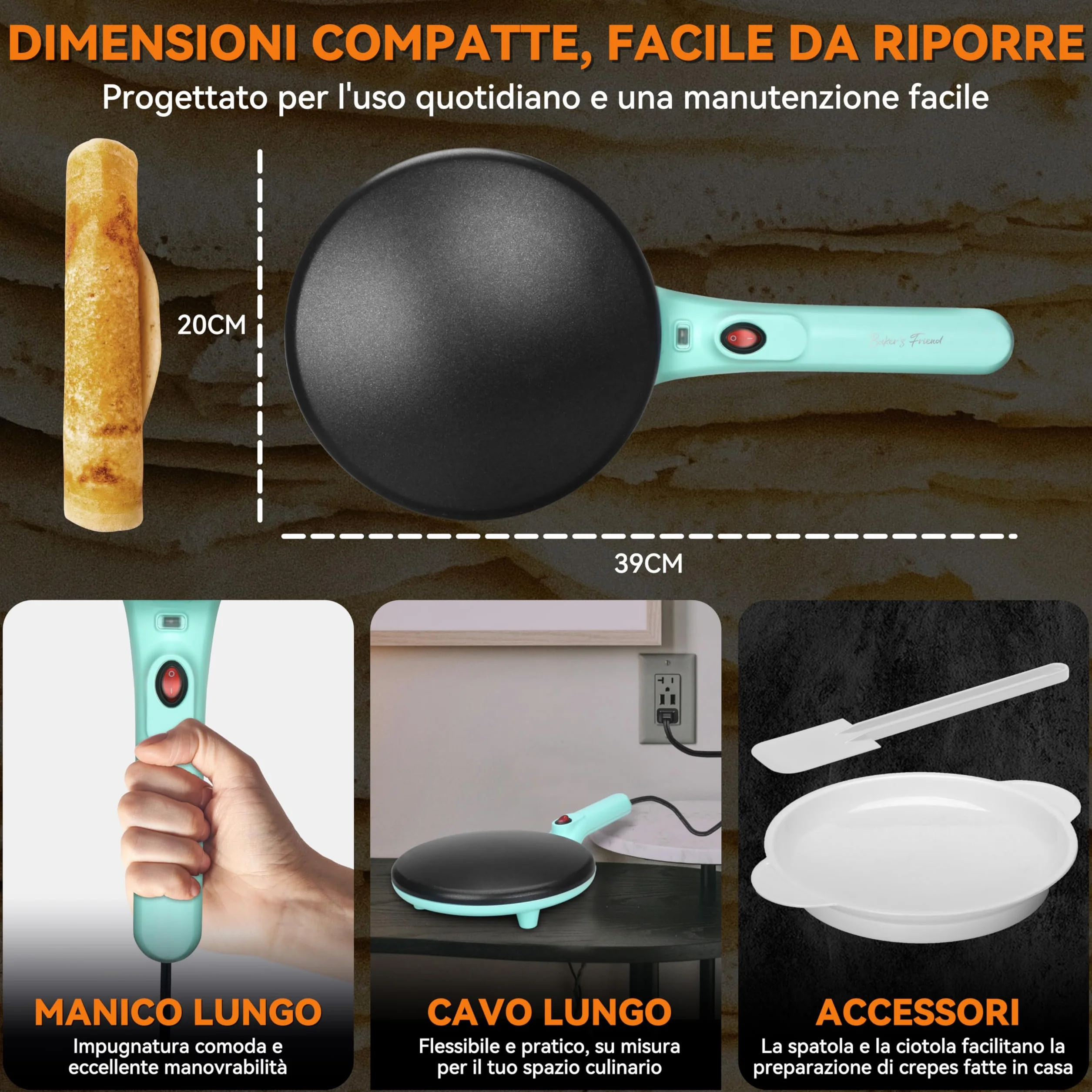 Baker's Friend Macchina per Crêpes Istantanee con Manico, Macchina Elettrica Padella per Crêpes, Crêperia Elettrica, Padella Crepes Antiaderente da 20 cm, Blu-verde
